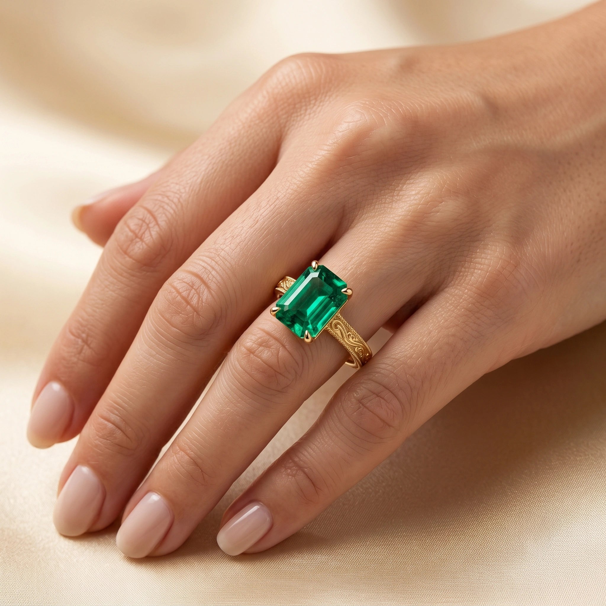 Emerald Cut Zambian Emerald Vintage Scroll Solitaire Ring
