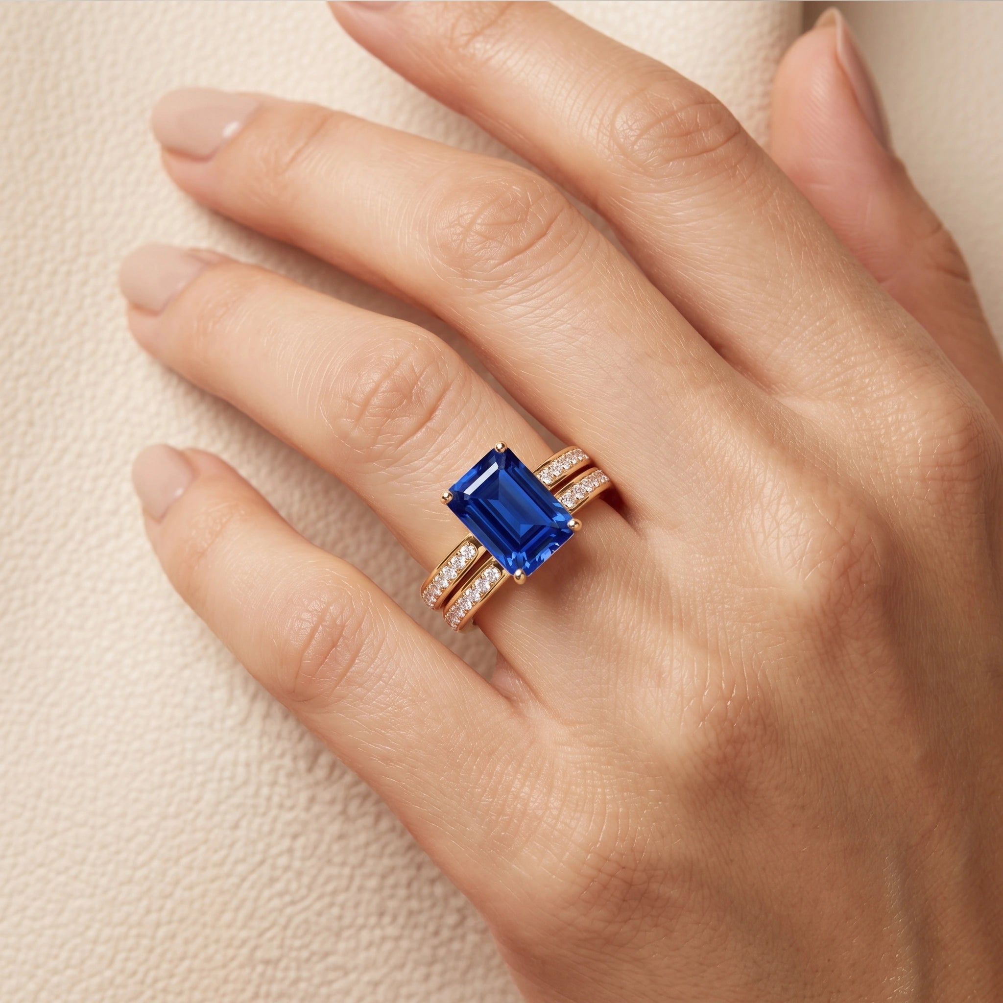 Classic Emerald-Cut Deep Blue Corundum Multiline Ring