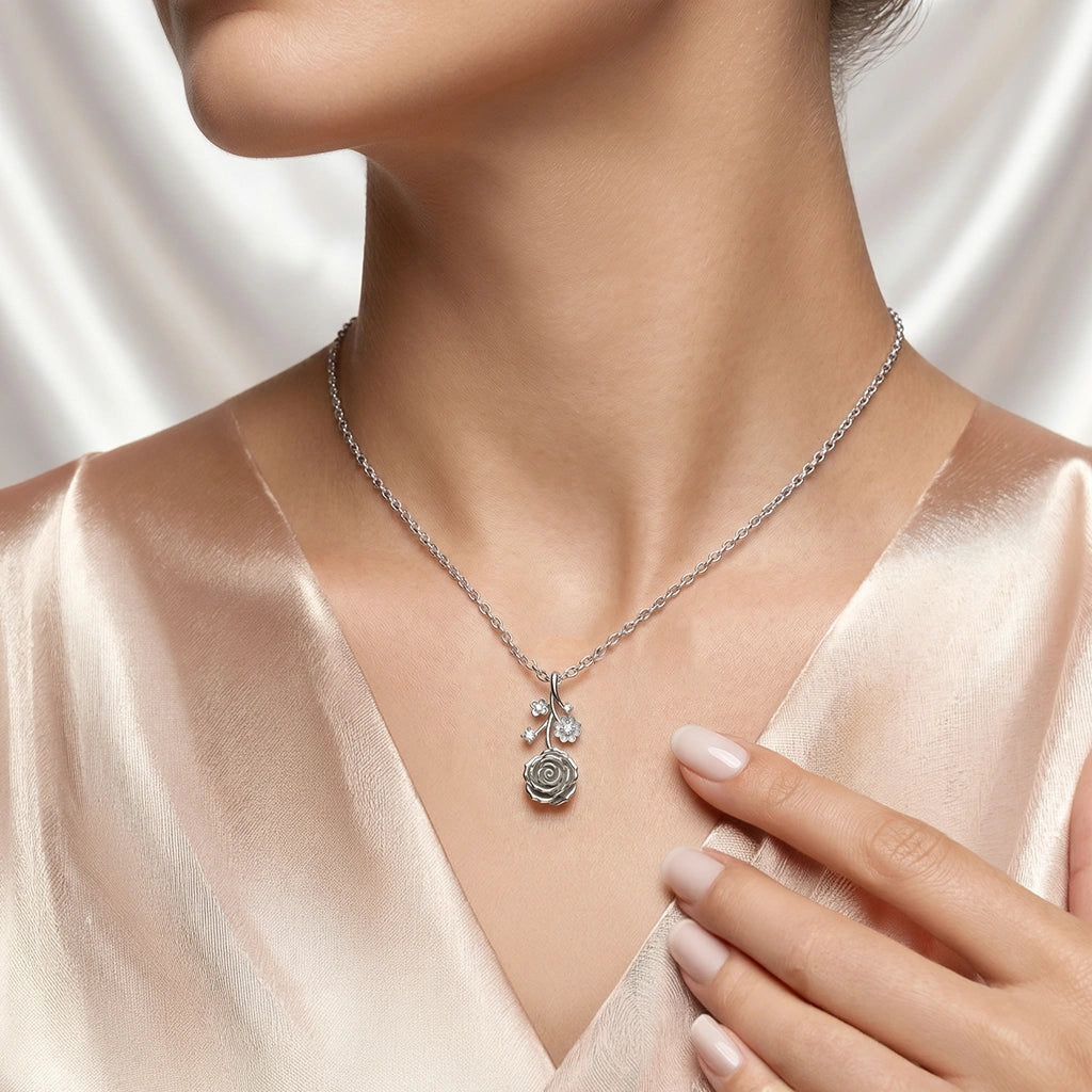 Sculpted Rose Floral Pendant with Diamond Finish Moissanite Accents in 925 Silver