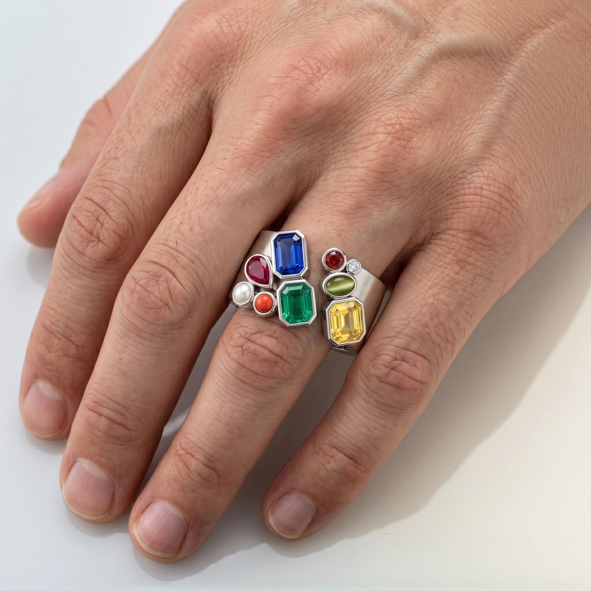Navratna Halo Silver Ring