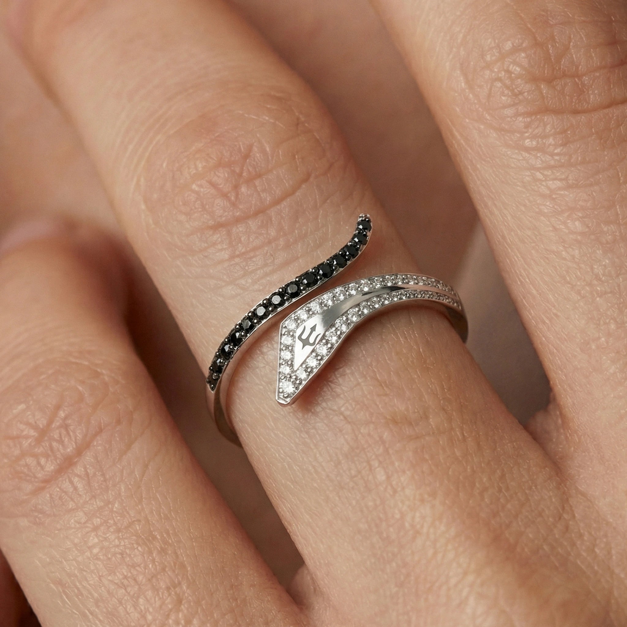 Trident and Serpent Motif Crystal White Diamond Finish Moissanite Bypass Ring in 925 Silver