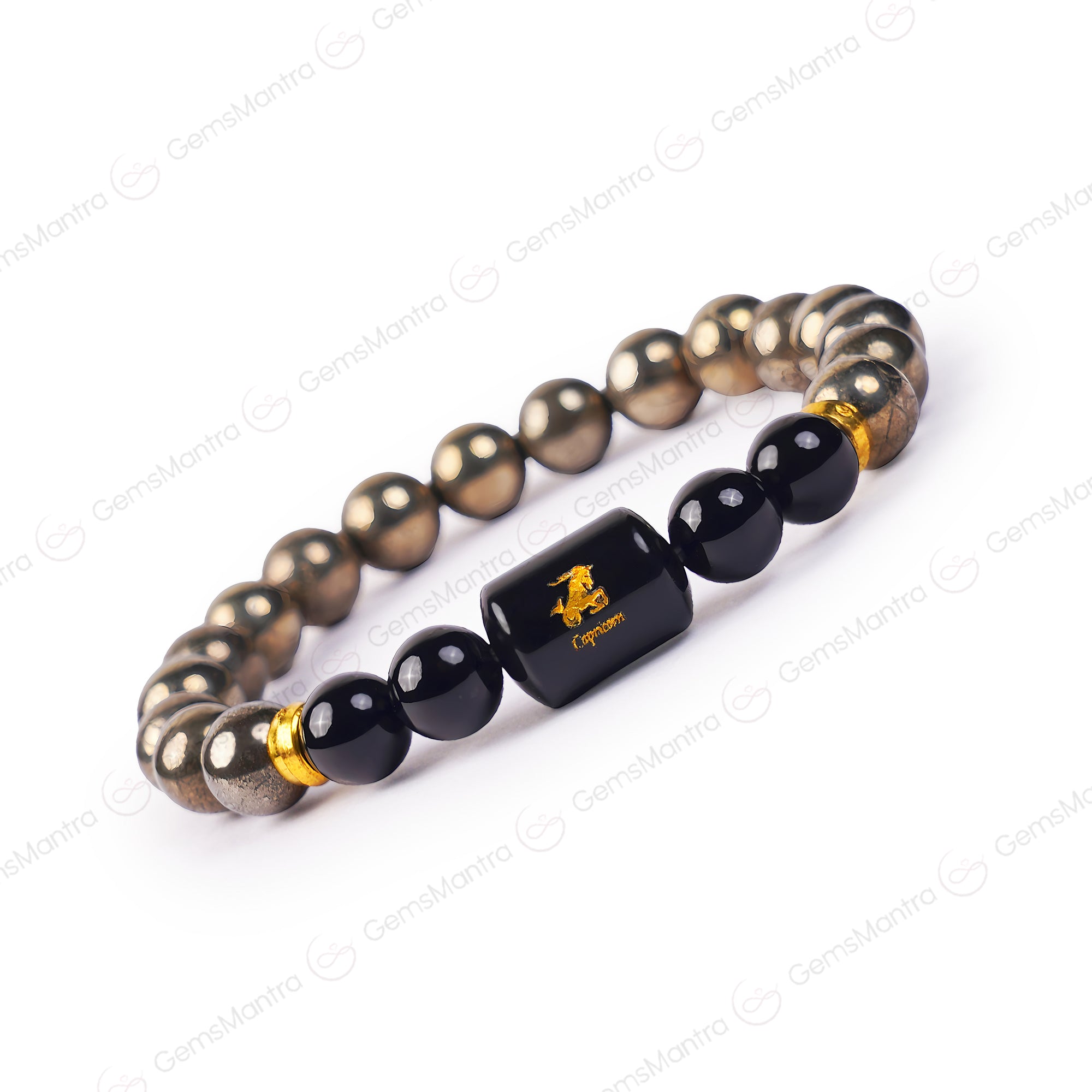 Capricorn Zodiac Makar Rashi Bracelet with Pyrite & Black Onyx