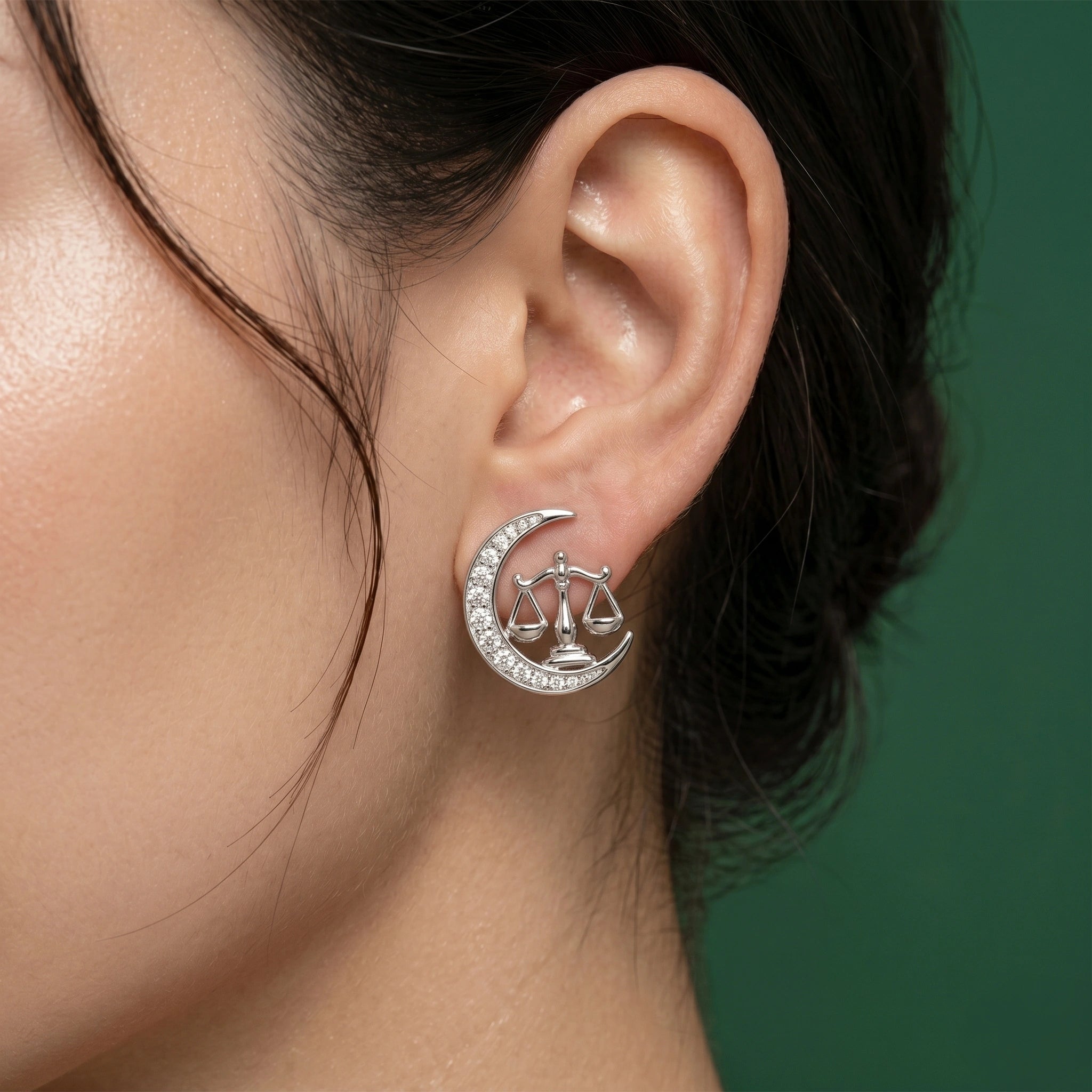 Celestial Crescent Moon and Libra Zodiac Diamond Finish Moissanite Stud Earrings in 925 Silver