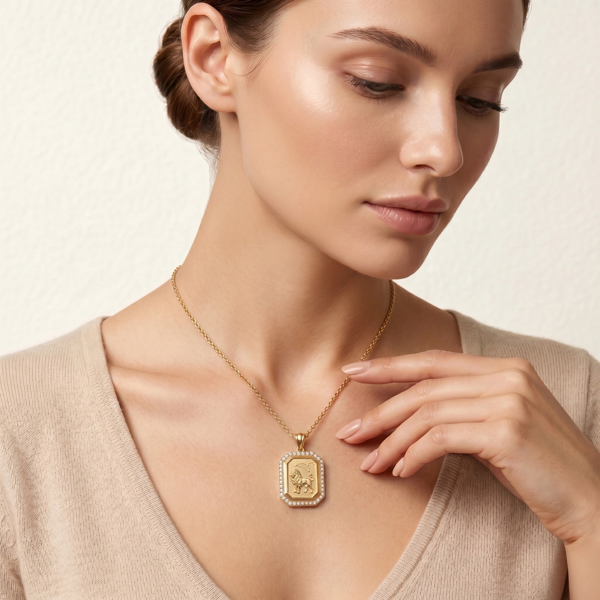 Vintage-Style Leo Zodiac Constellation Diamond Finish Moissanite Halo Pendant in Gold-Plated