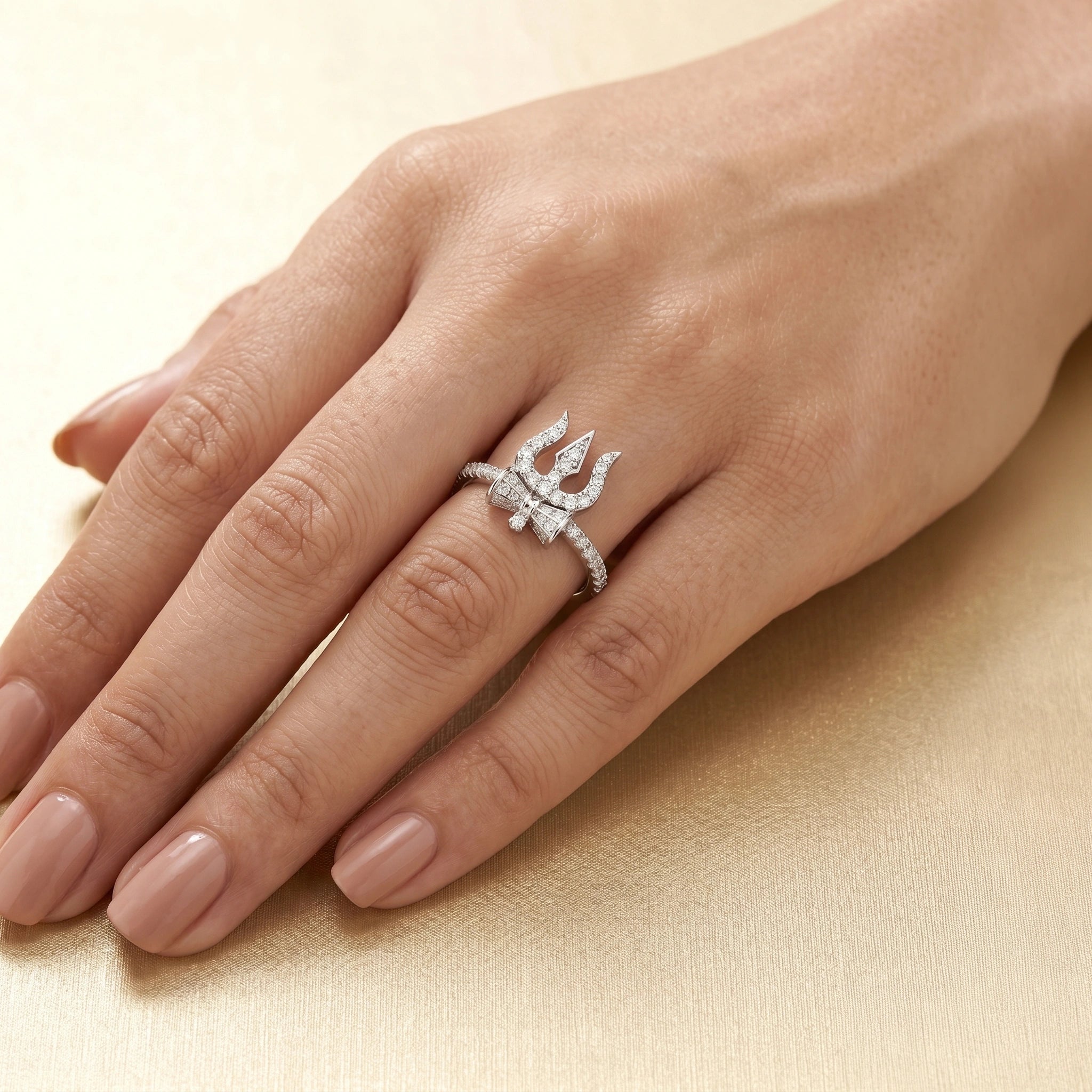 Spiritual Trident and Damaru Motif Diamond Finish Moissanite Ring in 925 Silver