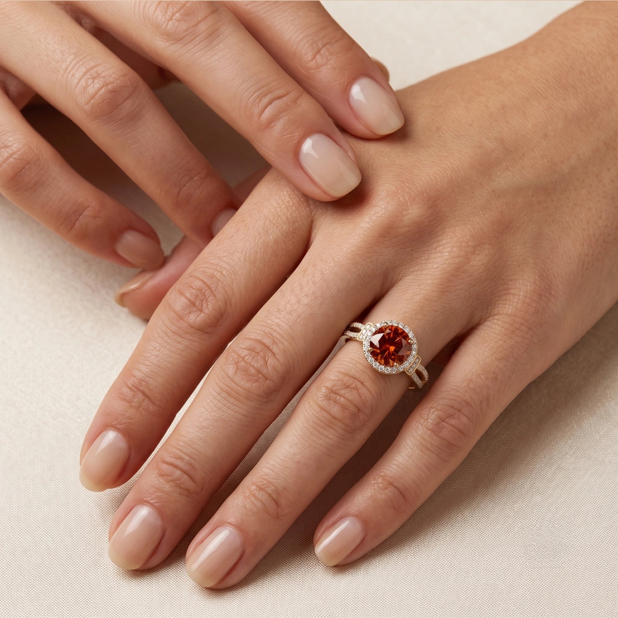 Oval Fiery Spessartite Garnet Split Shank Halo Ring