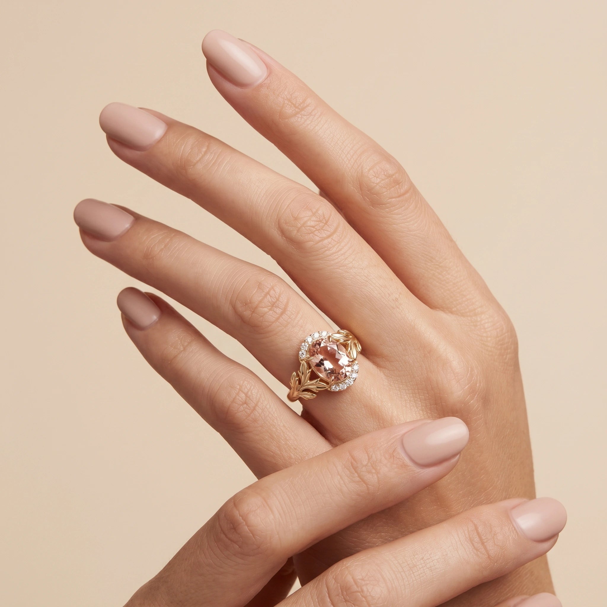 Botanical Oval Pastel Peach Crystal Filigree Ring