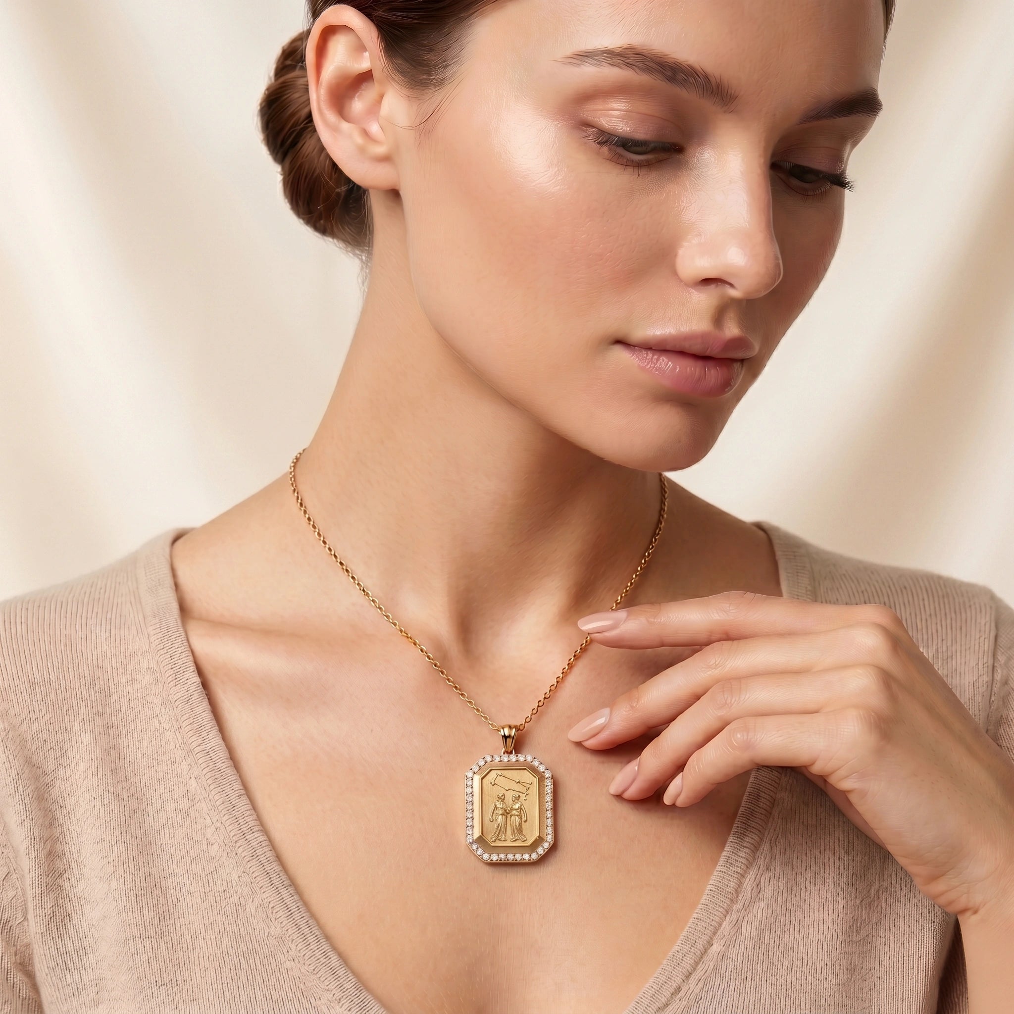 Vintage-Style Gemini Zodiac Constellation Diamond Finish Moissanite Halo Pendant in Gold-Plated