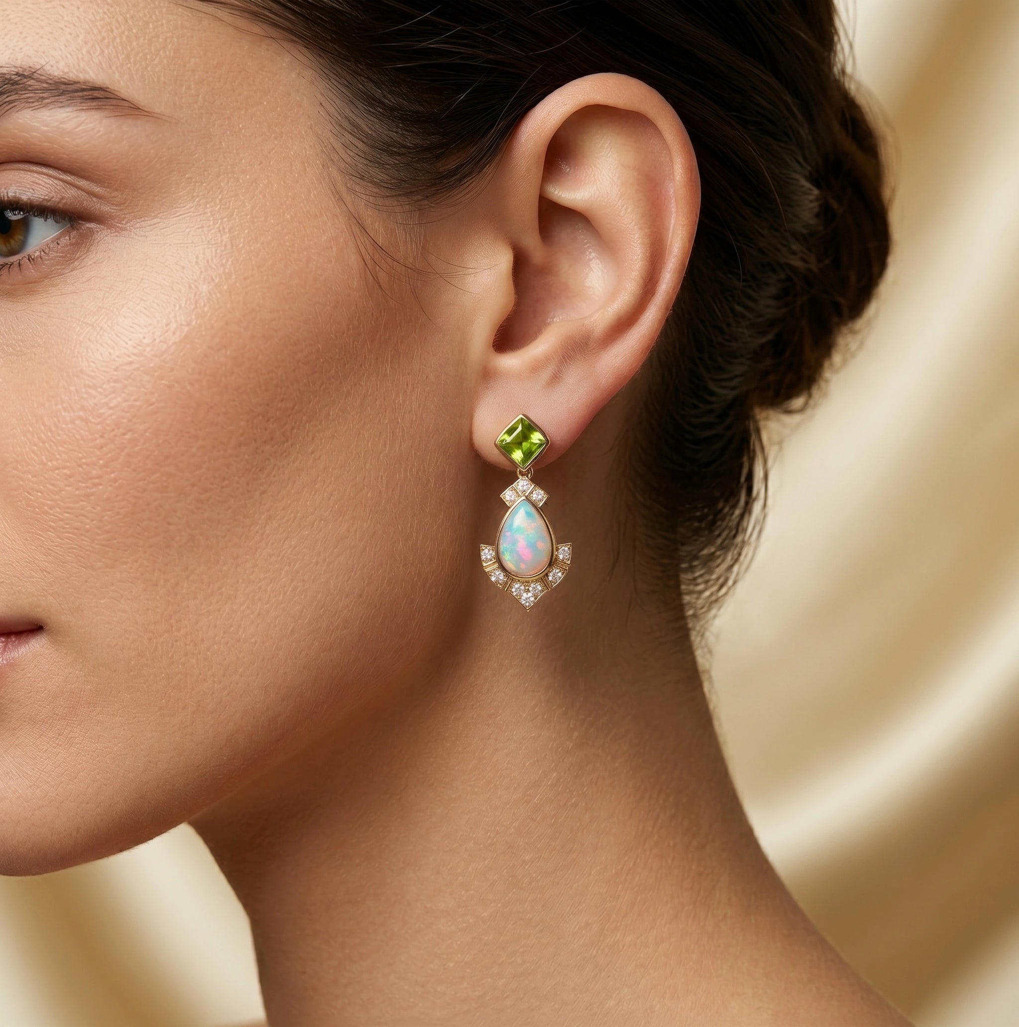 Peridot and Pear Opal Drop Stud Earrings