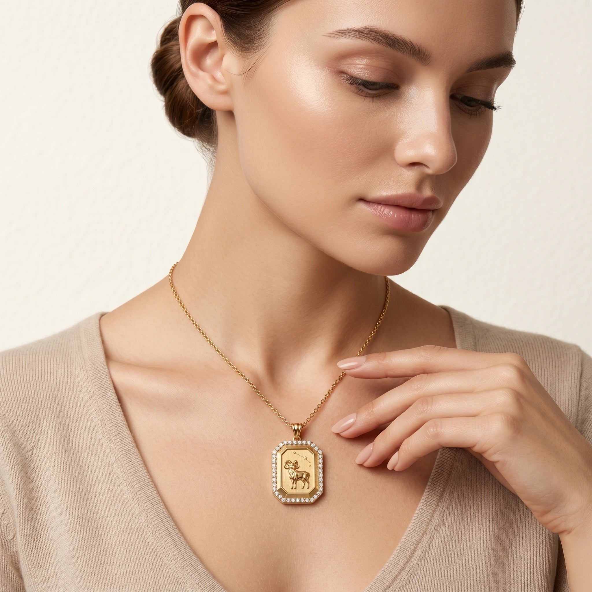 Vintage-Style Aries Zodiac Constellation Diamond Finish Moissanite Halo Pendant in Gold-Plated
