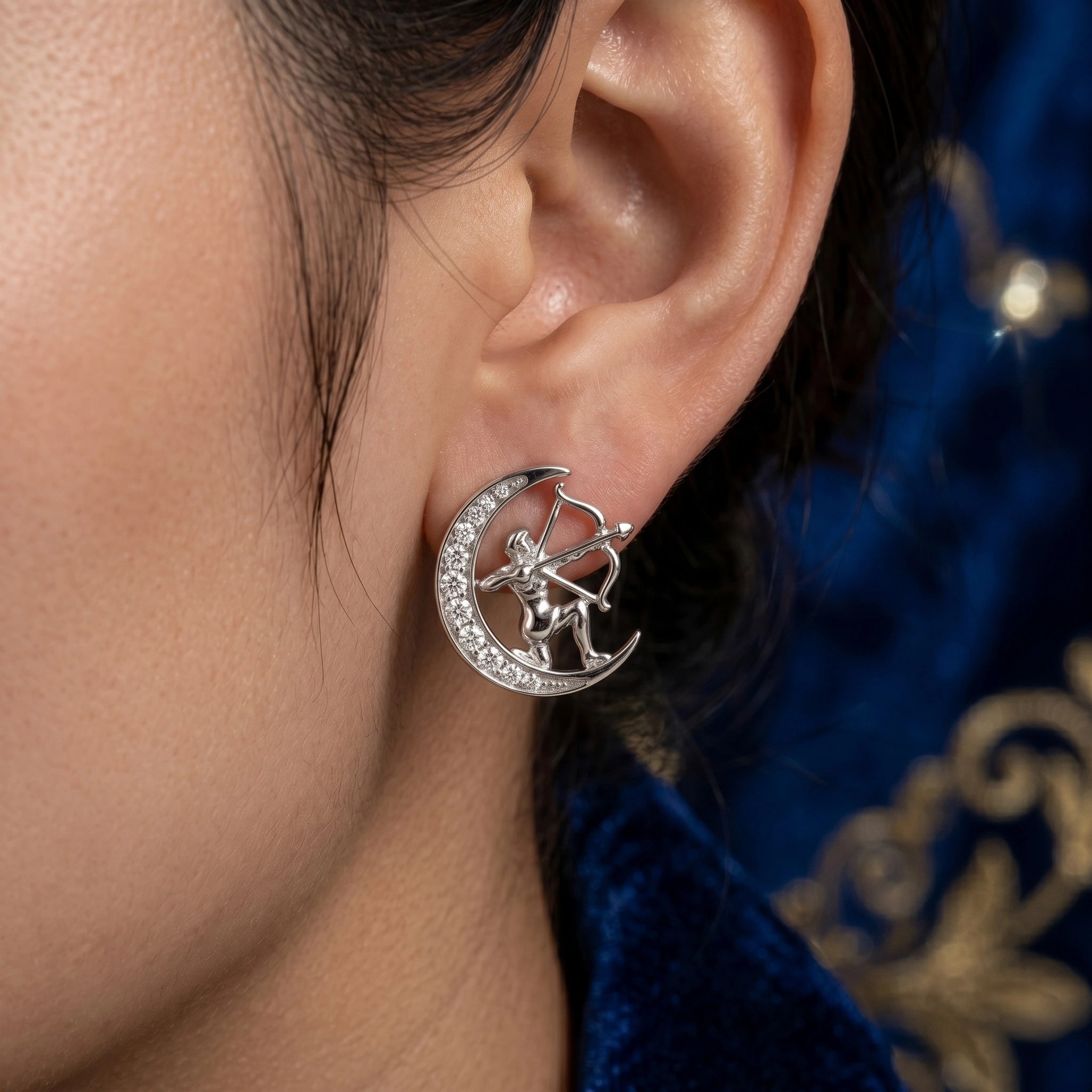 Celestial Crescent Moon and Sagittarius Zodiac Diamond Finish Moissanite Stud Earrings in 925 Silver