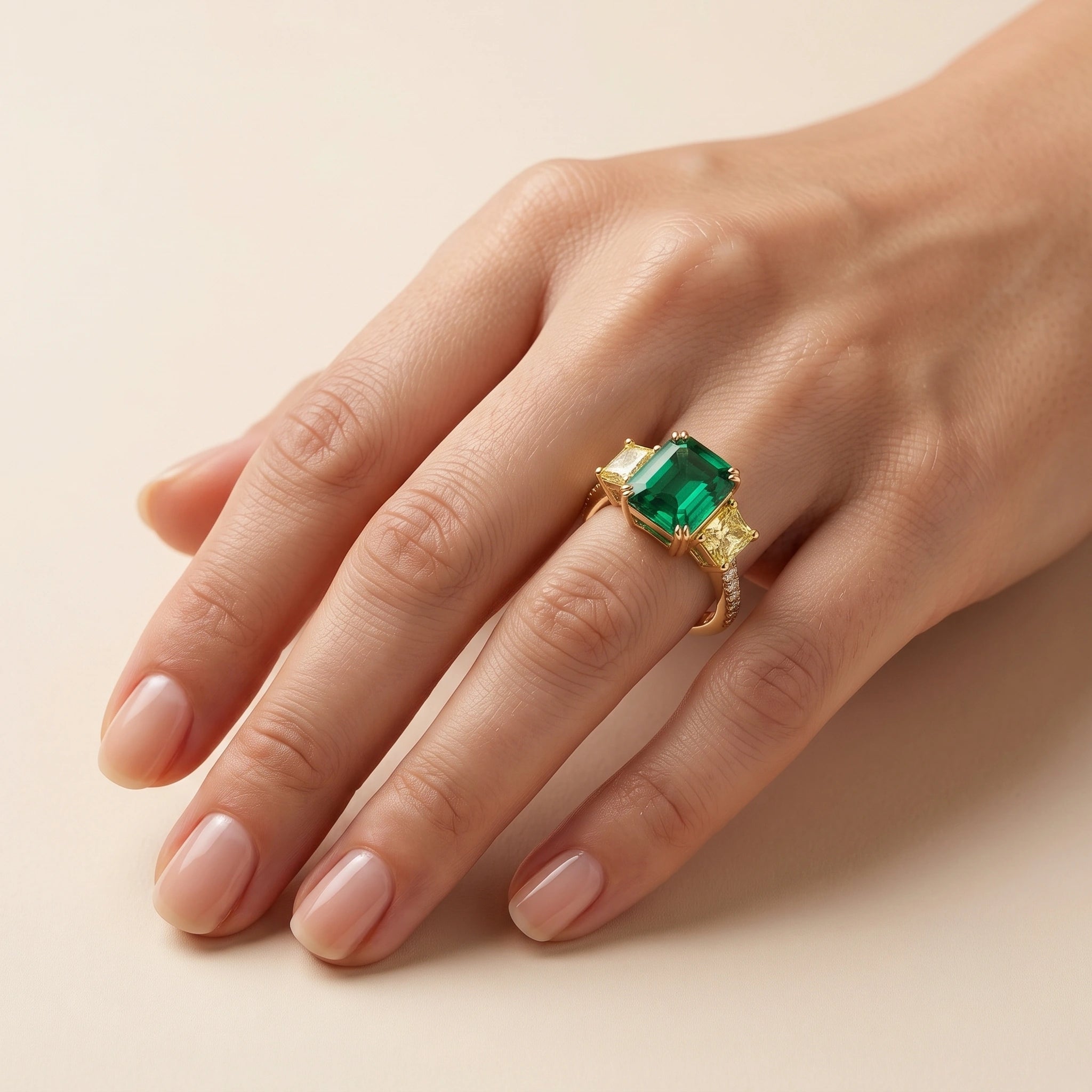 Asscher Cut Emerald Canary Diamond Three Stone Pavé Ring