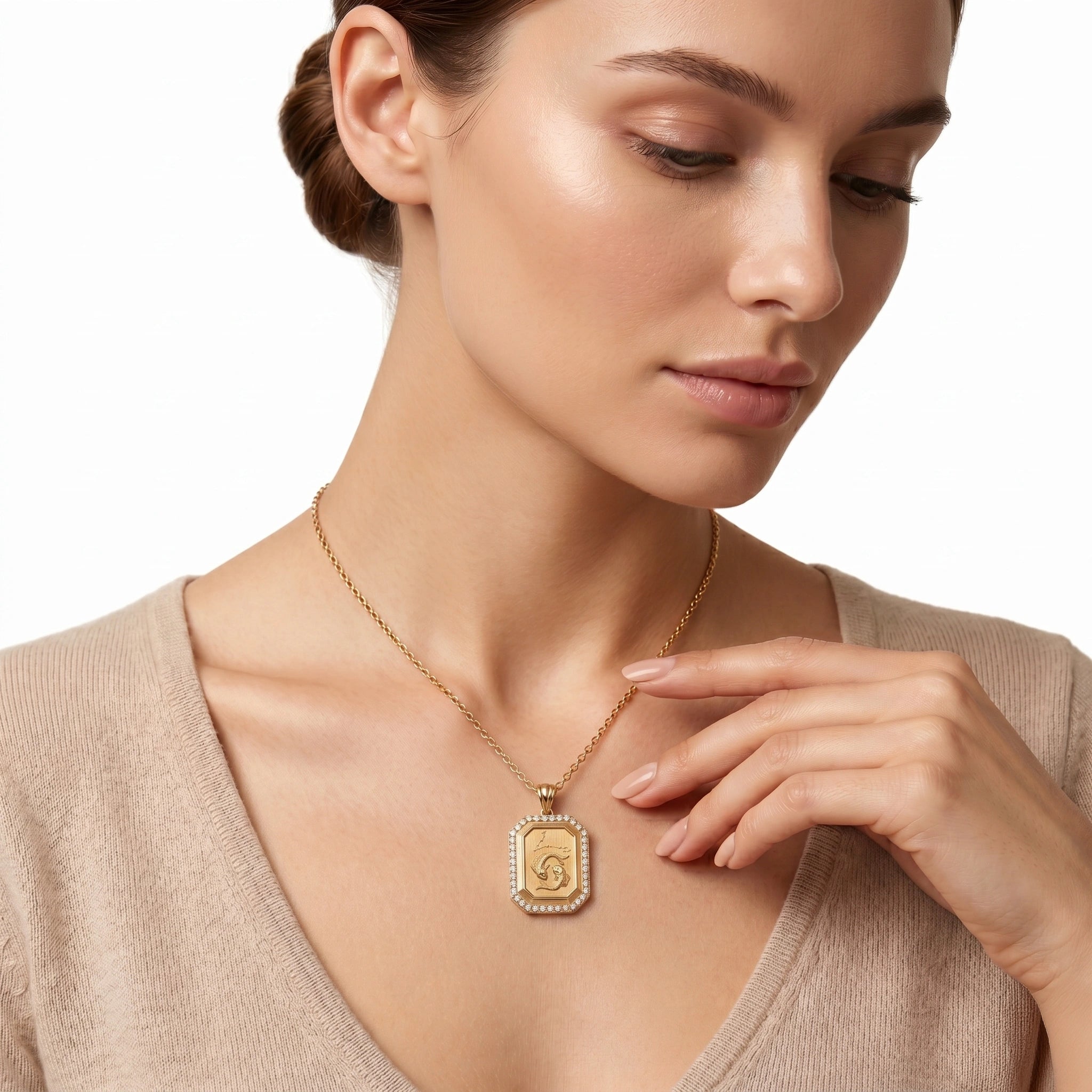 Vintage-Style Pisces Zodiac Constellation Diamond Finish Moissanite Halo Pendant in Gold-Plated