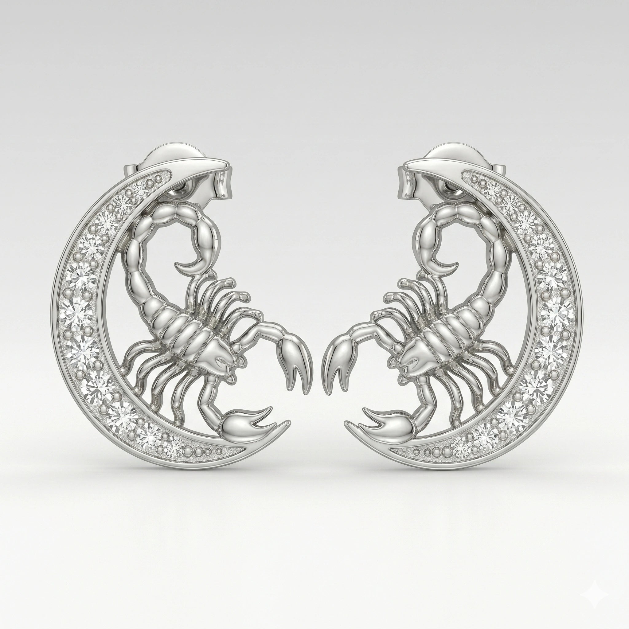 Celestial Crescent Moon and Scorpio Zodiac Diamond Finish Moissanite Stud Earrings in 925 Silver