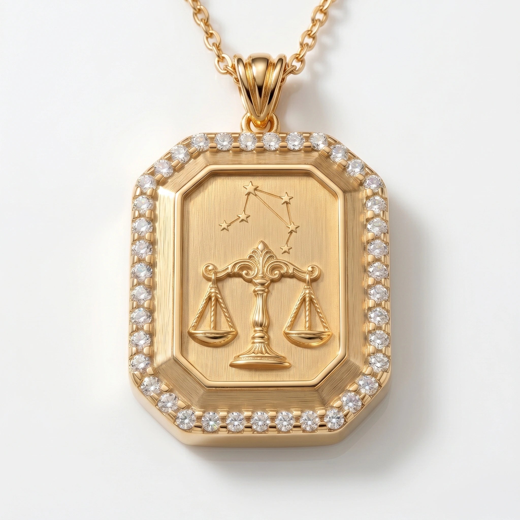 Vintage-Style Libra Zodiac Constellation Diamond Finish Moissanite Halo Pendant in Gold-Plated
