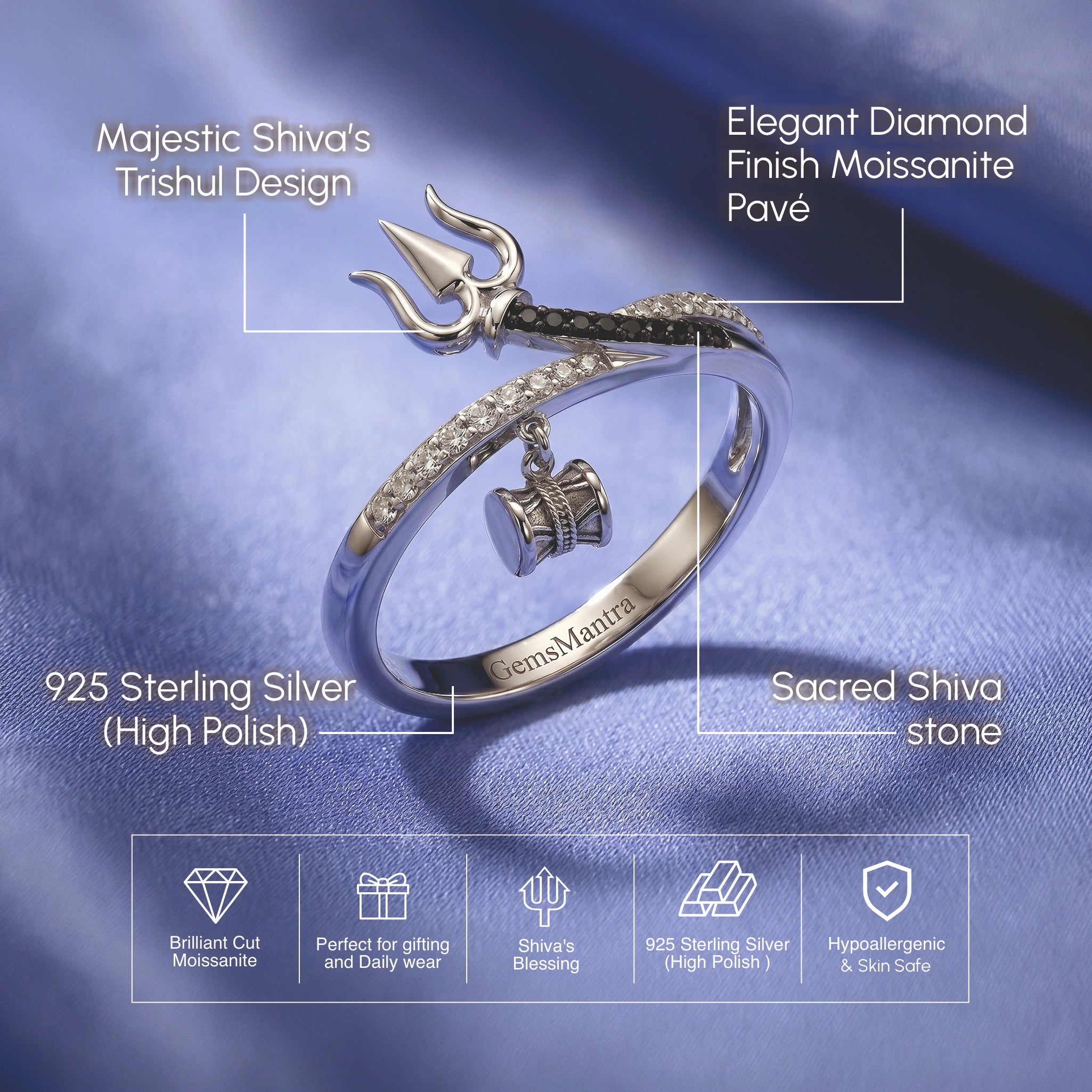 Trishul Charm Adjustable Silver Ring