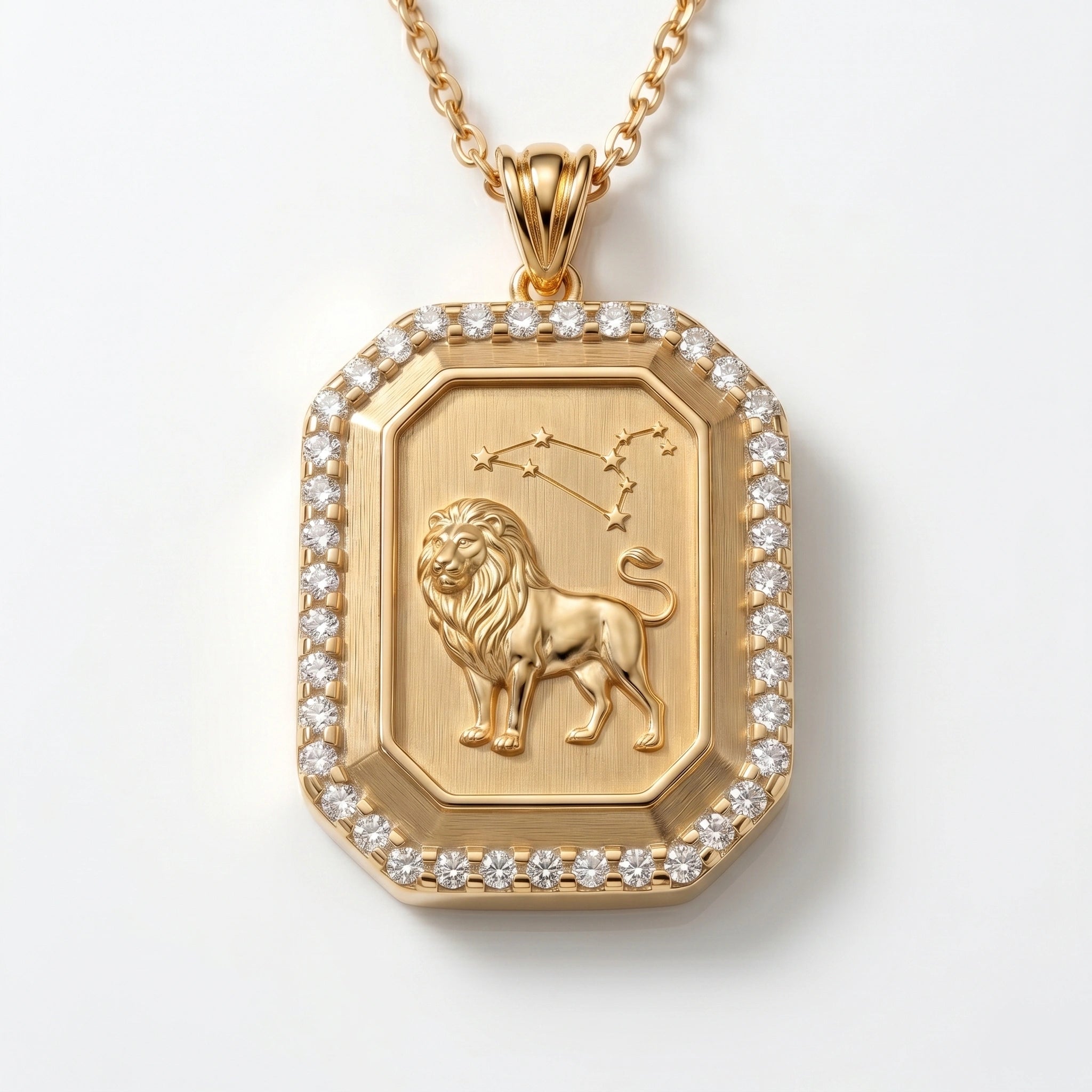 Vintage-Style Leo Zodiac Constellation Diamond Finish Moissanite Halo Pendant in Gold-Plated