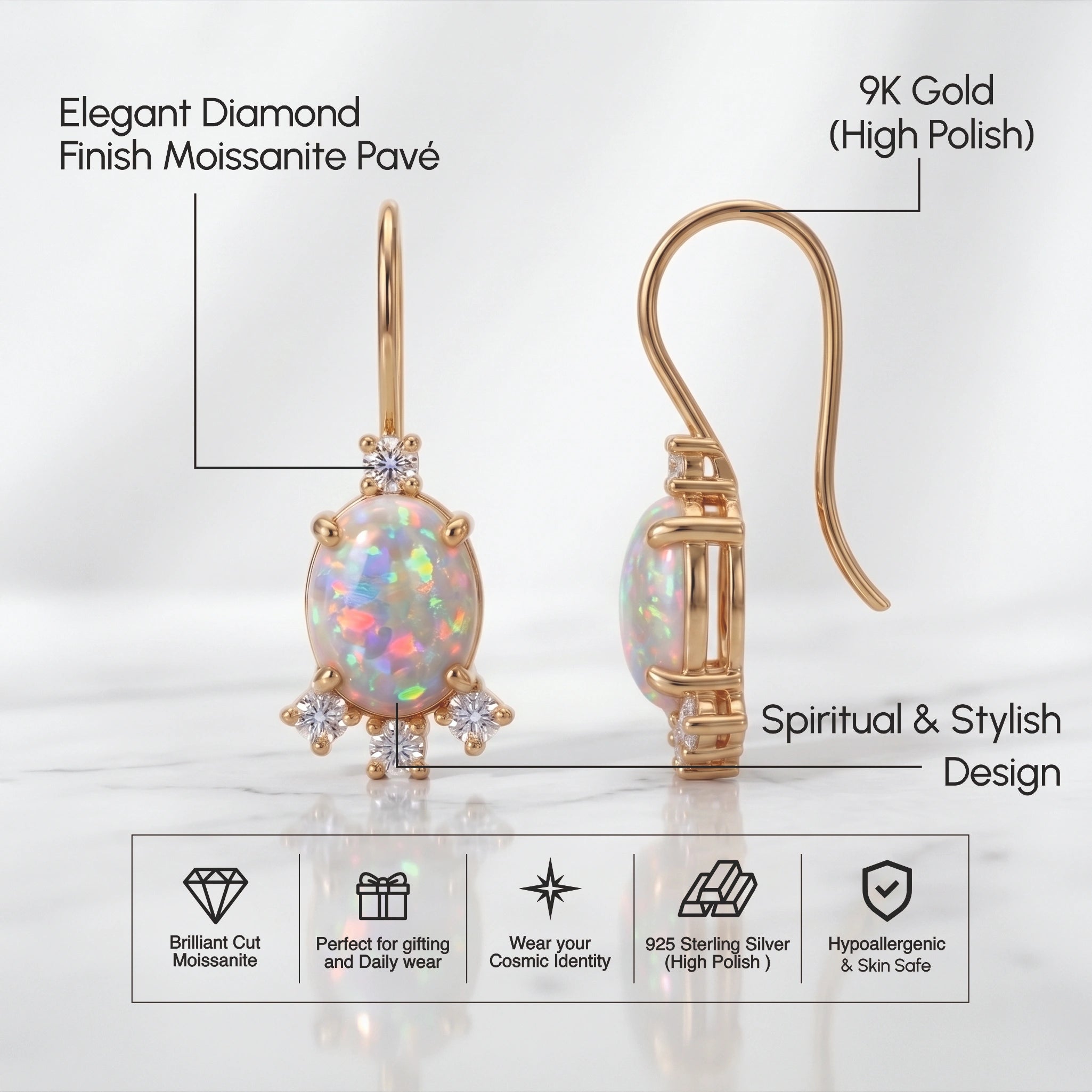 Oval Opal Prong-Set French Hook Drop Earrings