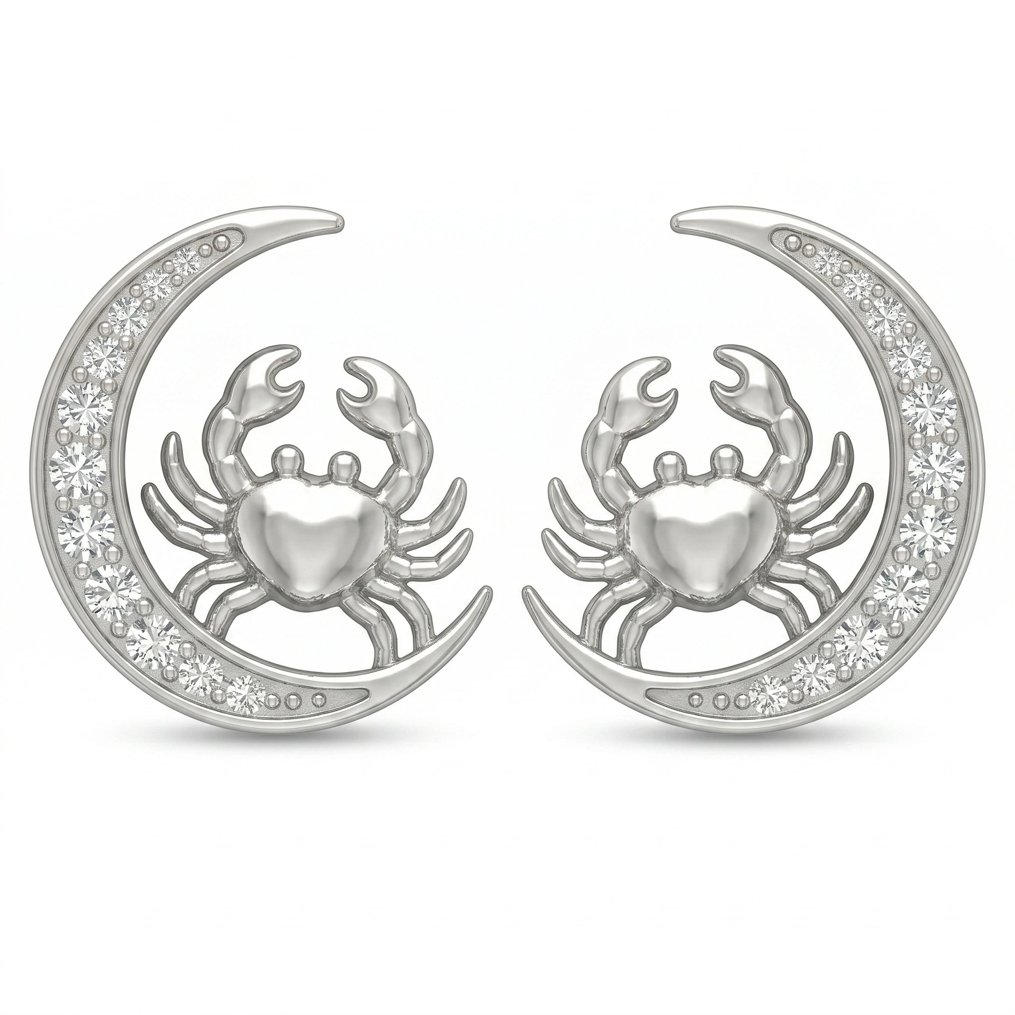 Celestial Crescent Moon and Cancer Zodiac Diamond Finish Moissanite Stud Earrings in 925 Silver