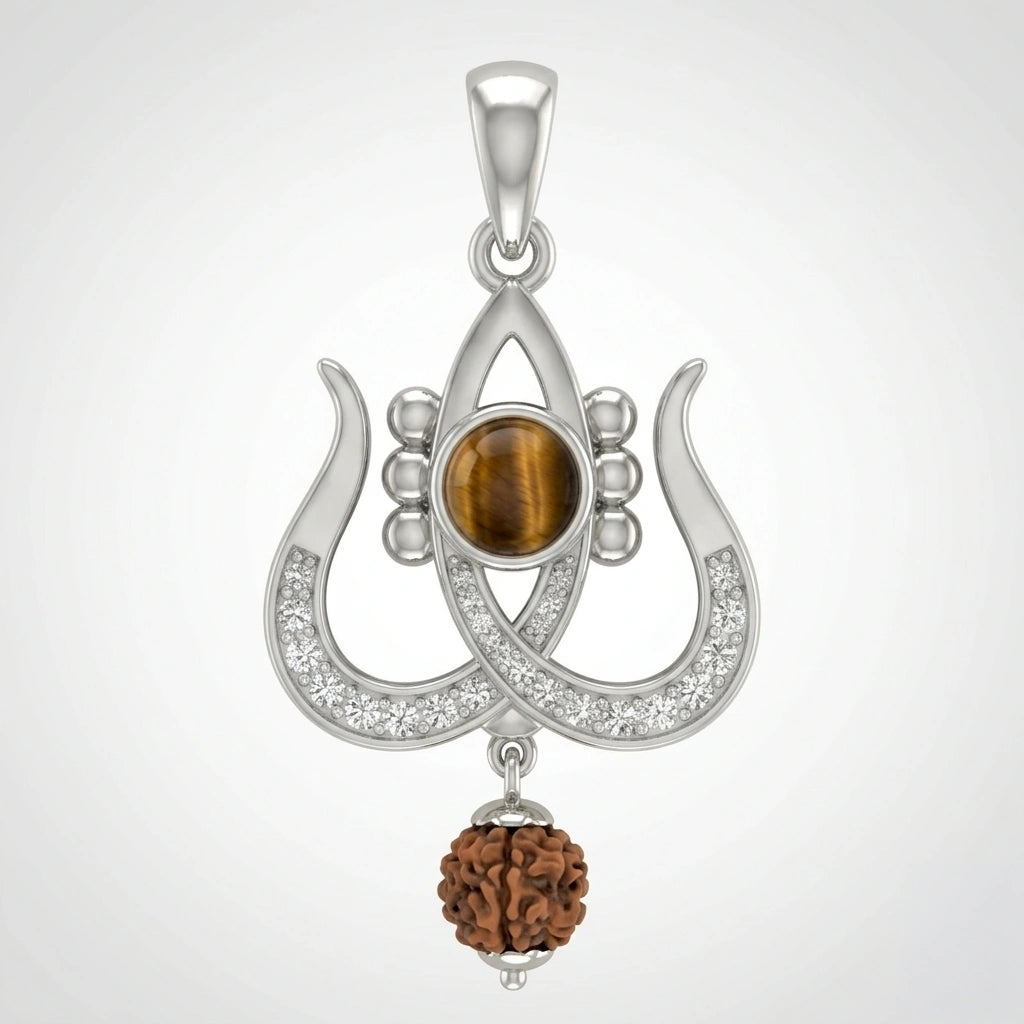 Spiritual Trident and Rudraksha Drop Pendant with Crystal in 925 Silver