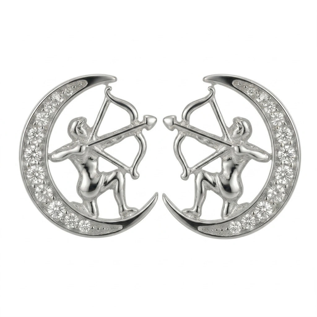 Celestial Crescent Moon and Sagittarius Zodiac Diamond Finish Moissanite Stud Earrings in 925 Silver