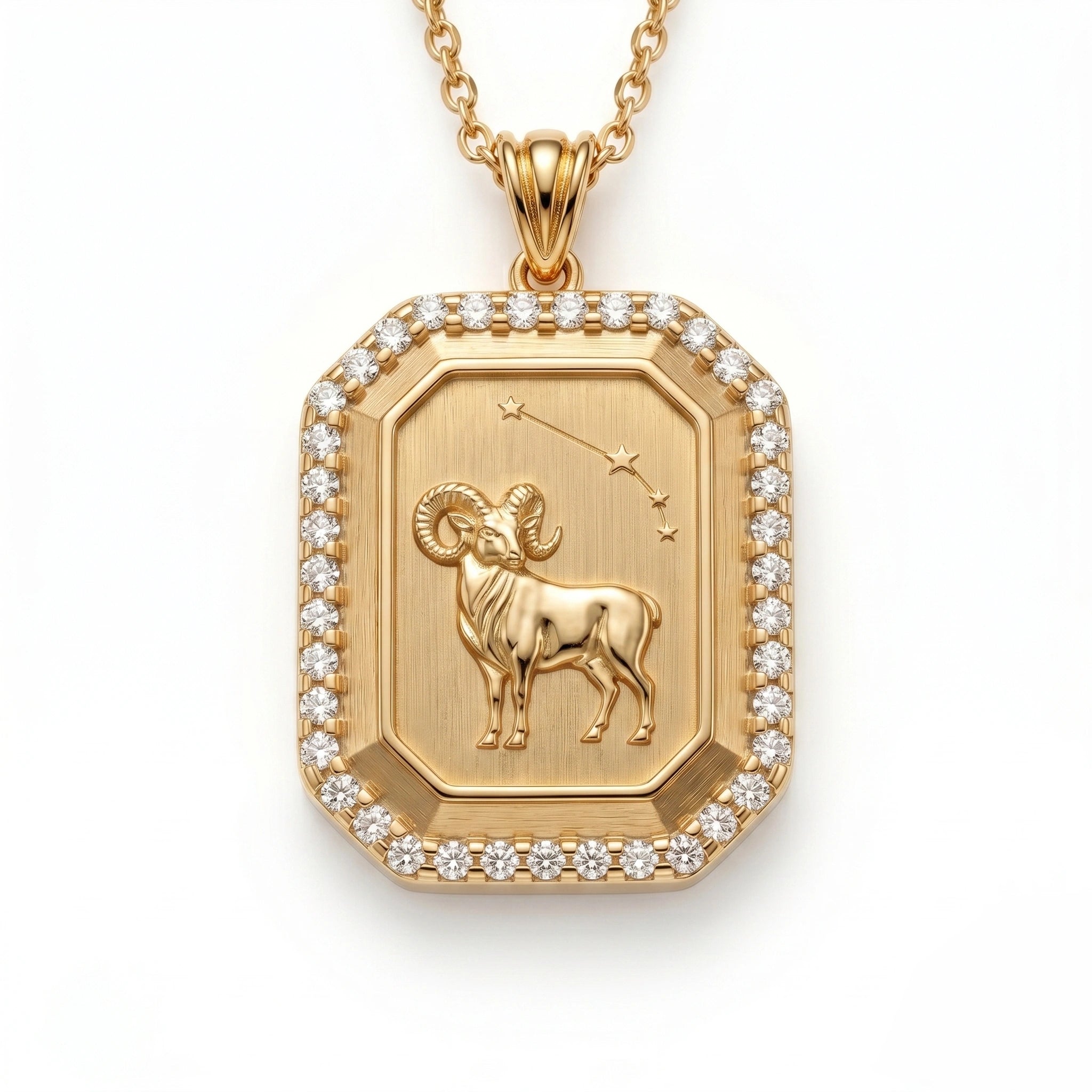 Vintage-Style Aries Zodiac Constellation Diamond Finish Moissanite Halo Pendant in Gold-Plated