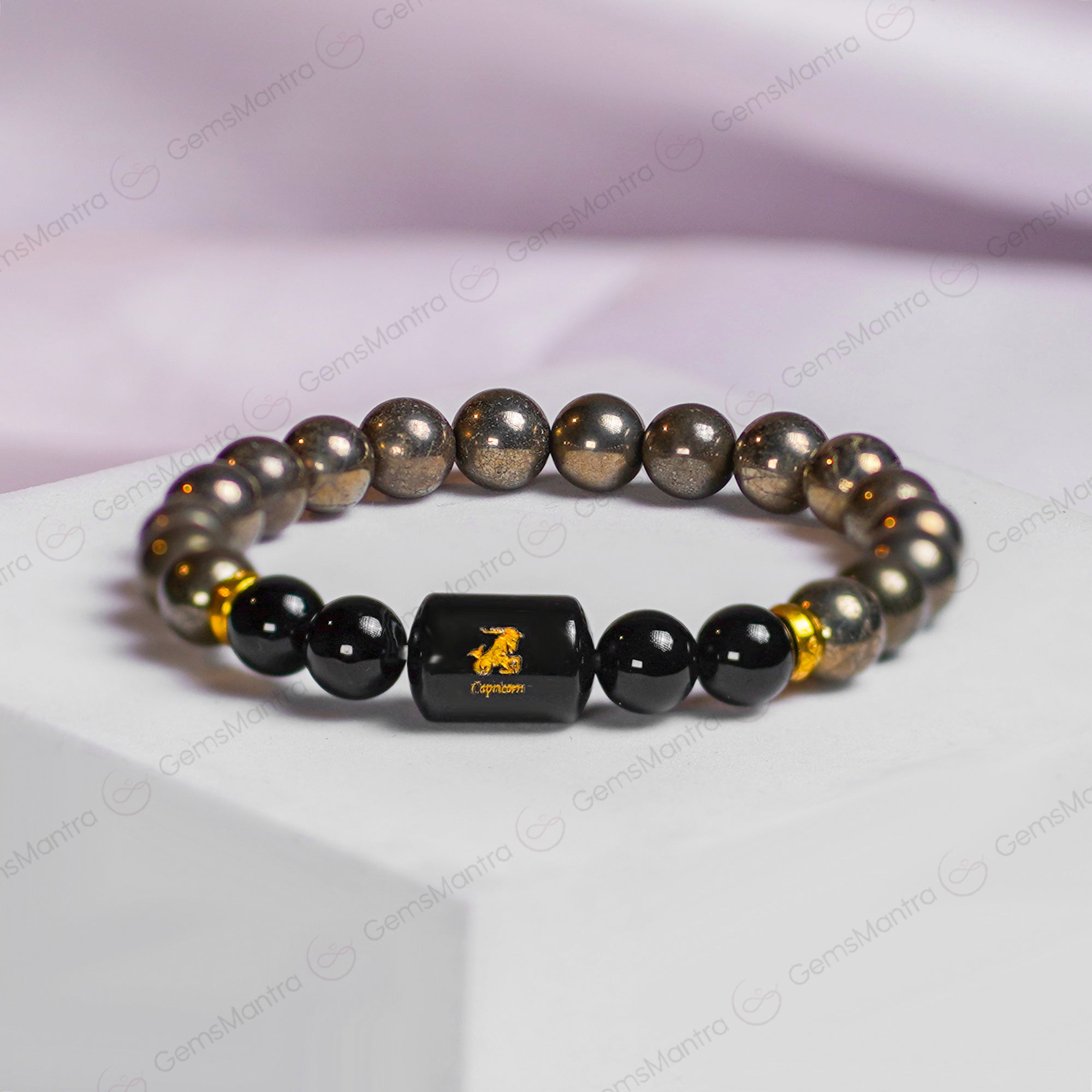 Capricorn Zodiac Makar Rashi Bracelet with Pyrite & Black Onyx