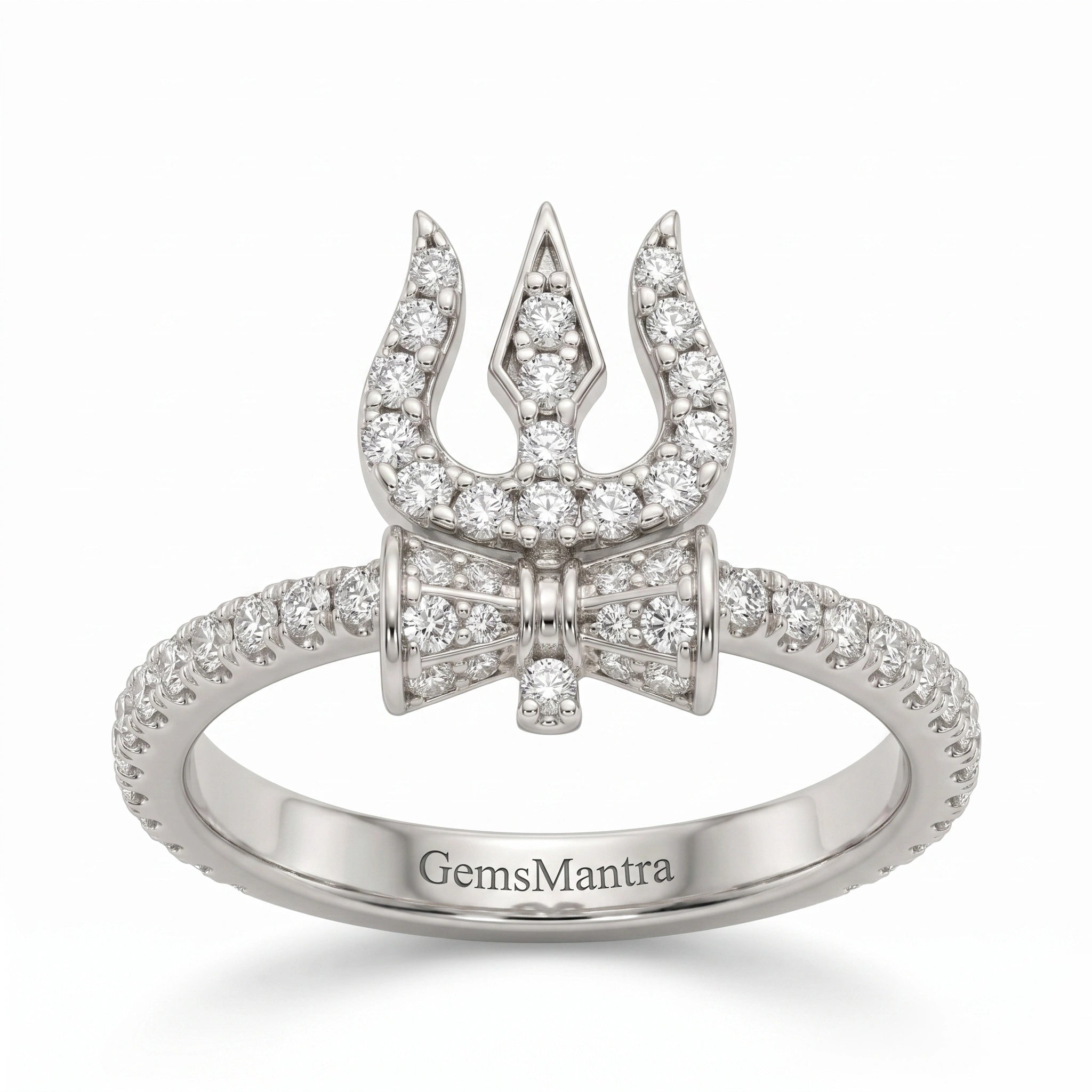 Spiritual Trident and Damaru Motif Diamond Finish Moissanite Ring in 925 Silver