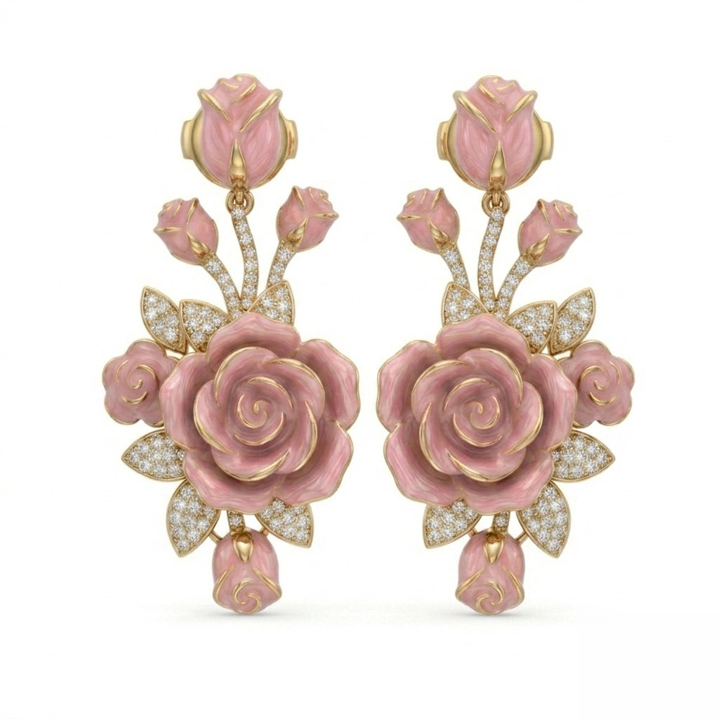 Nature-Inspired Pink Enamel Rose Floral Drop Earrings with Diamond Finish Moissanite in Gold-Plated