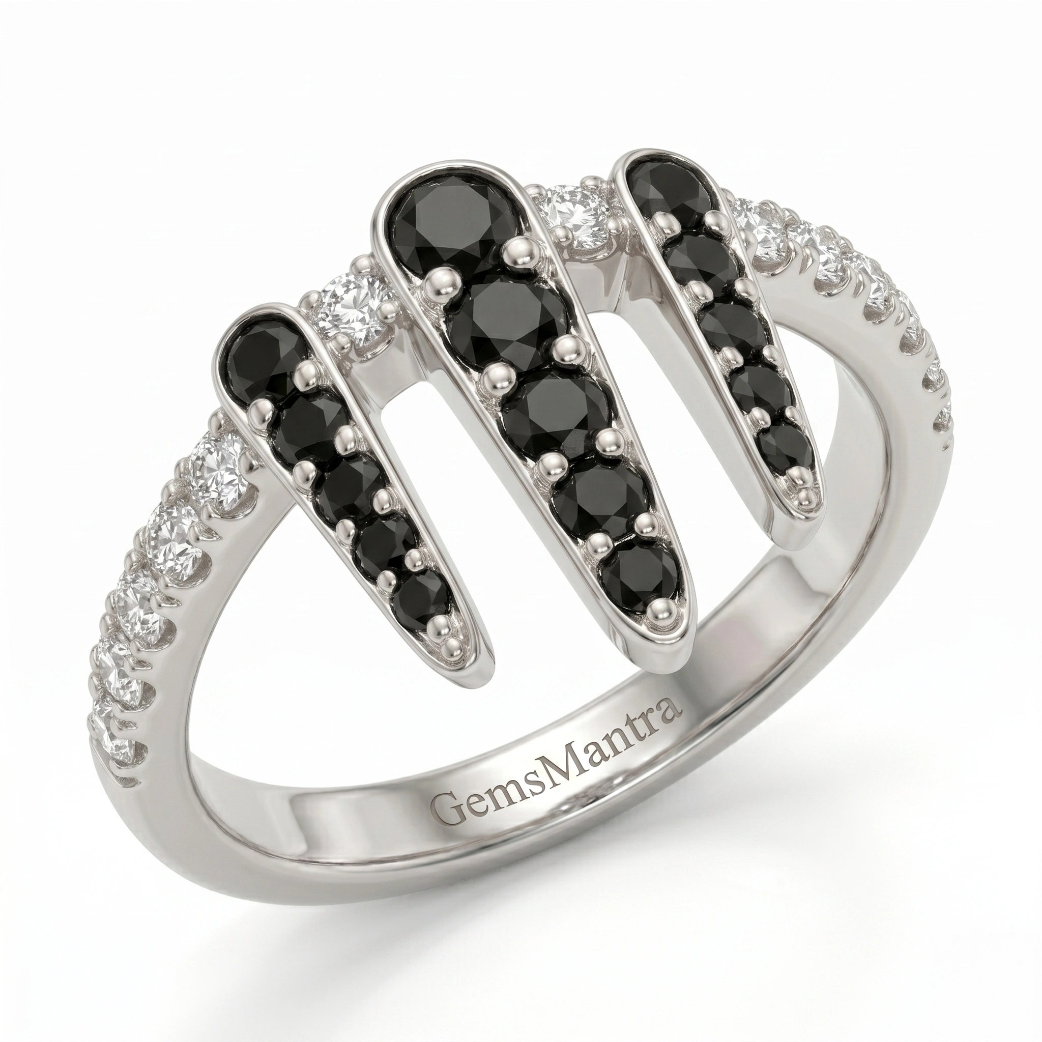 Edgy Shiv's Trident Motif Crystal and White Diamond Finish Moissanite Ring in 925 Silver