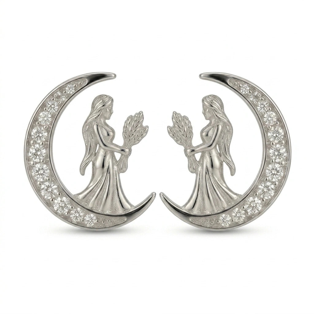 Celestial Crescent Moon and Virgo Zodiac Diamond Finish Moissanite Stud Earrings in 925 Silver
