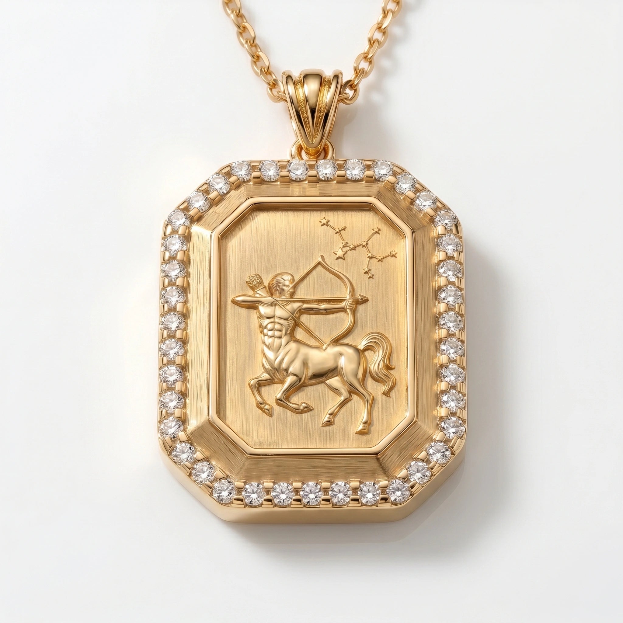 Vintage-Style Sagittarius Zodiac Constellation Diamond Finish Moissanite Halo Pendant in Gold-Plated