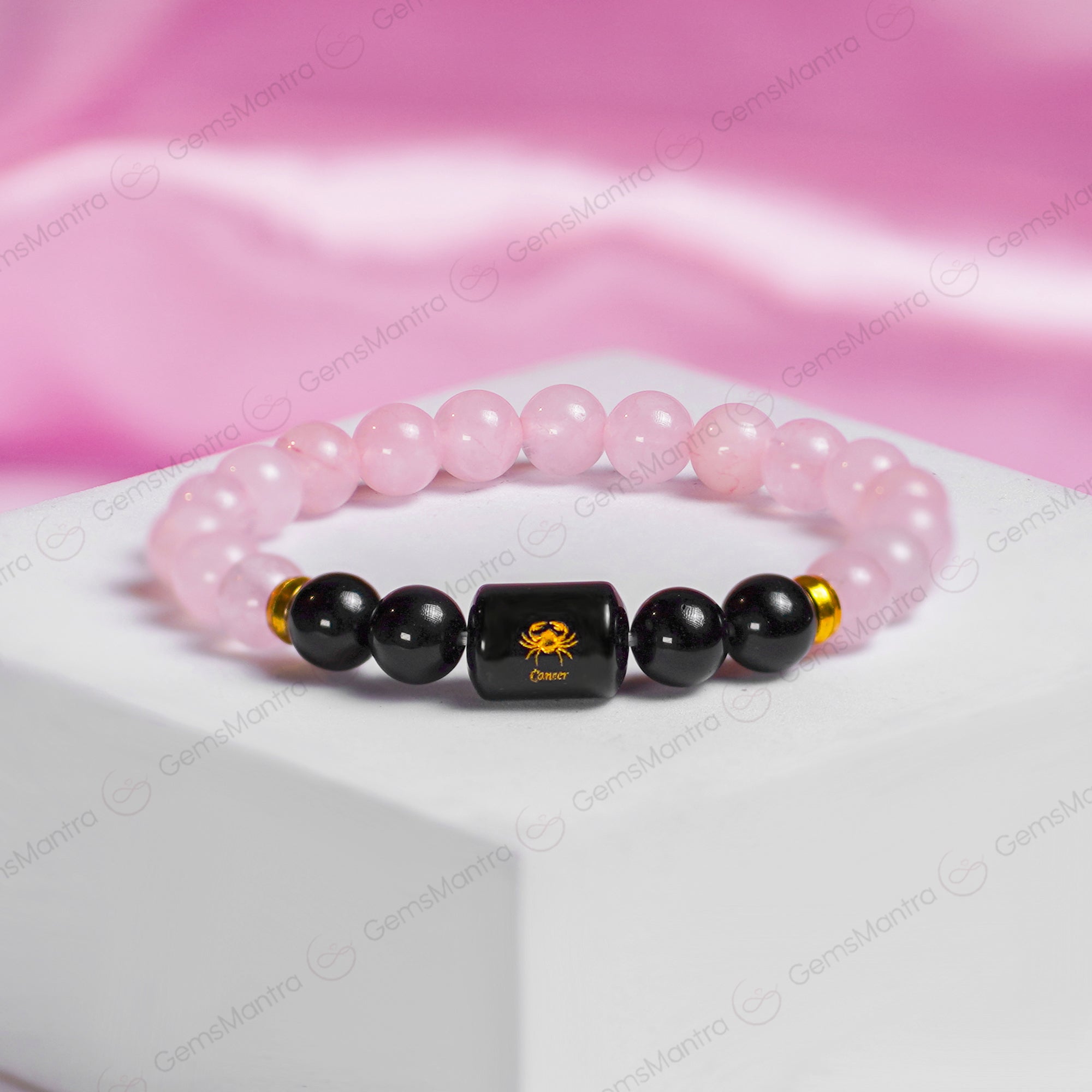Cancer Zodiac Kark Rashi Bracelet with Rose Quartz & Black Tourmaline