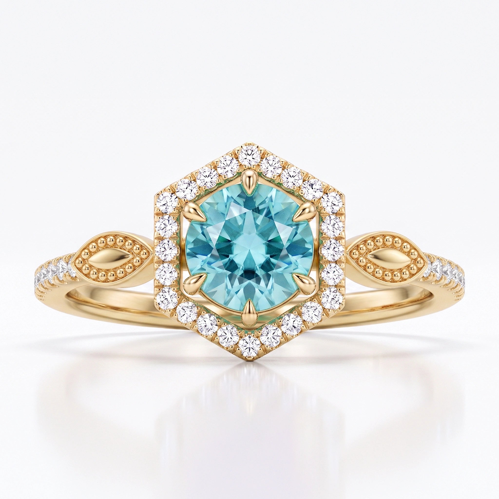 Oval Seafoam Aquamarine Geometric Hexagonal Halo Ring