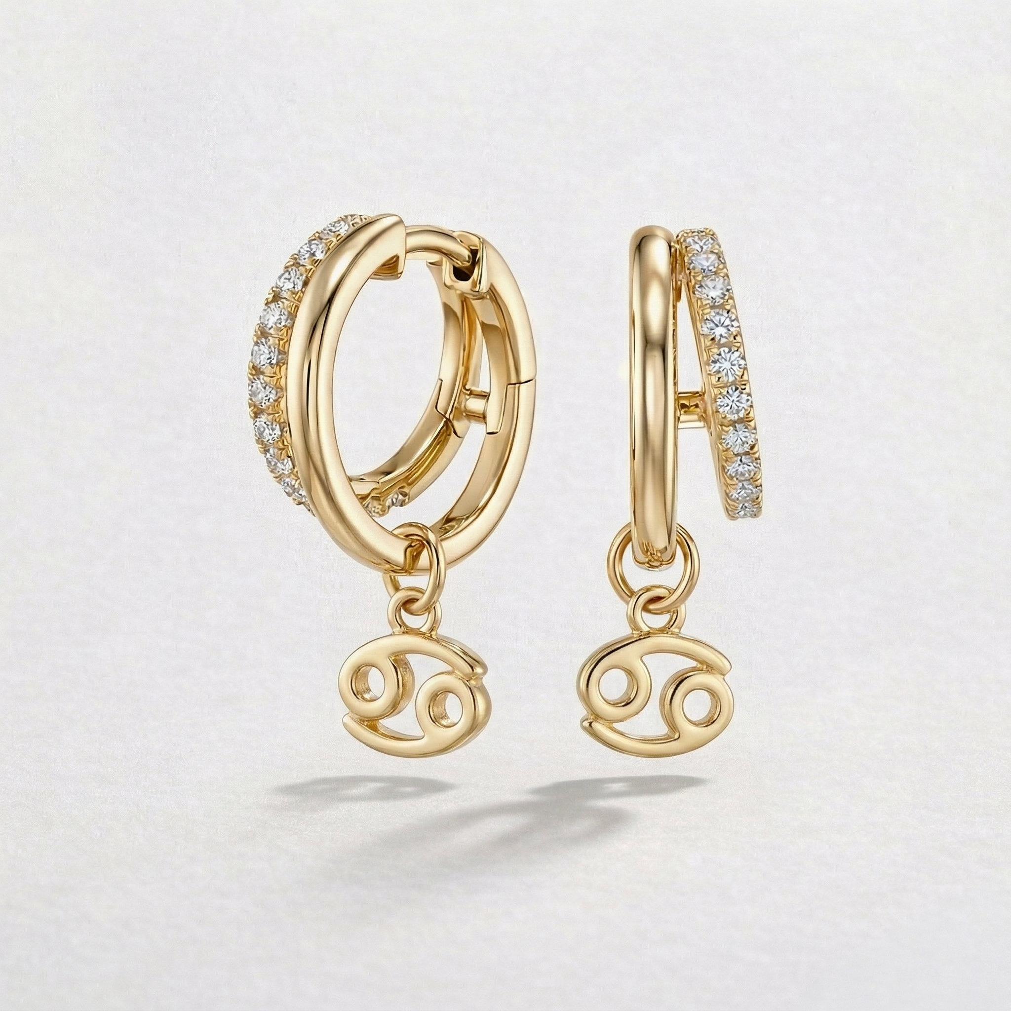Diamond Finish Moissanite Pavé Hoop Earrings with Cancer Zodiac Drop (Gold-Plated)