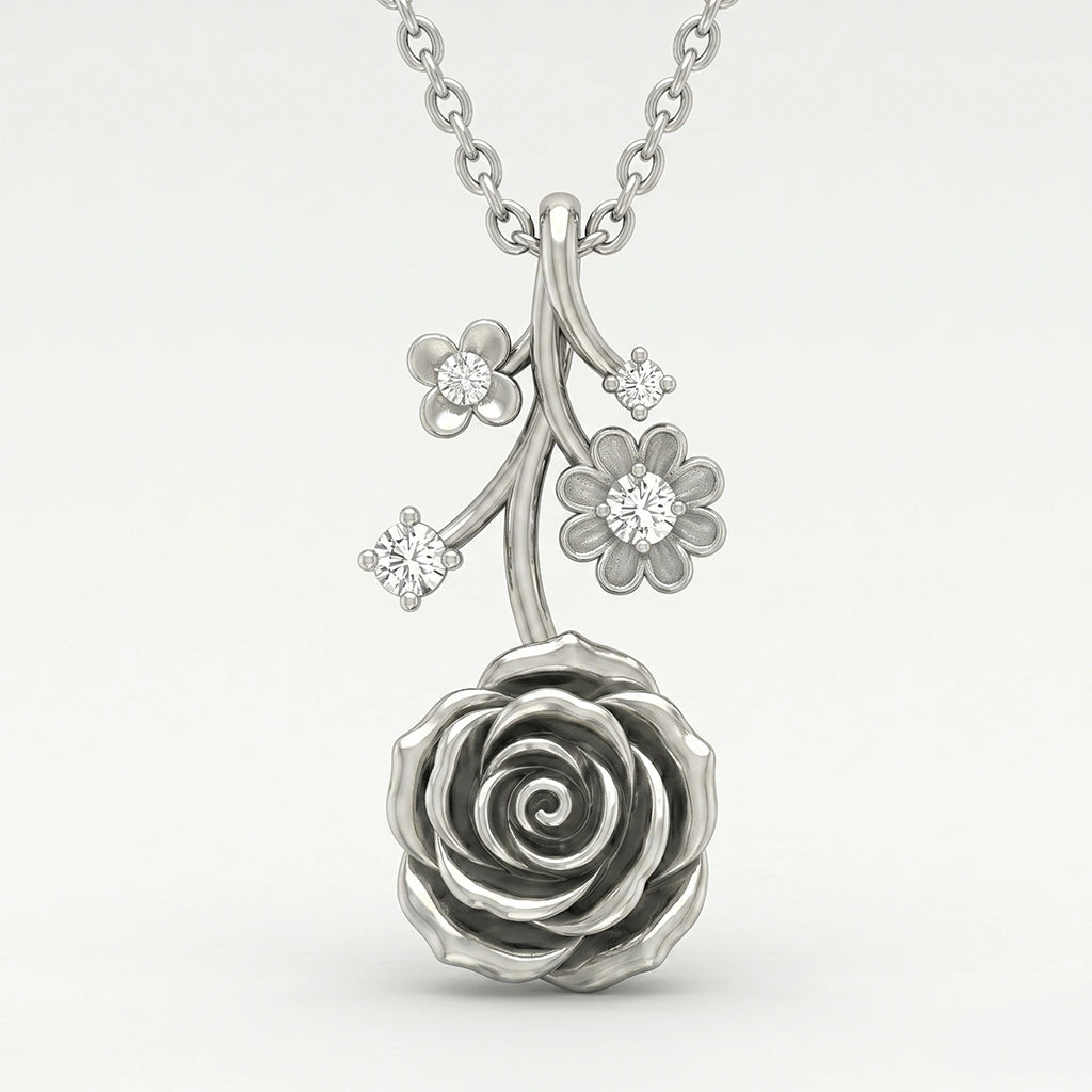 Sculpted Rose Floral Pendant with Diamond Finish Moissanite Accents in 925 Silver