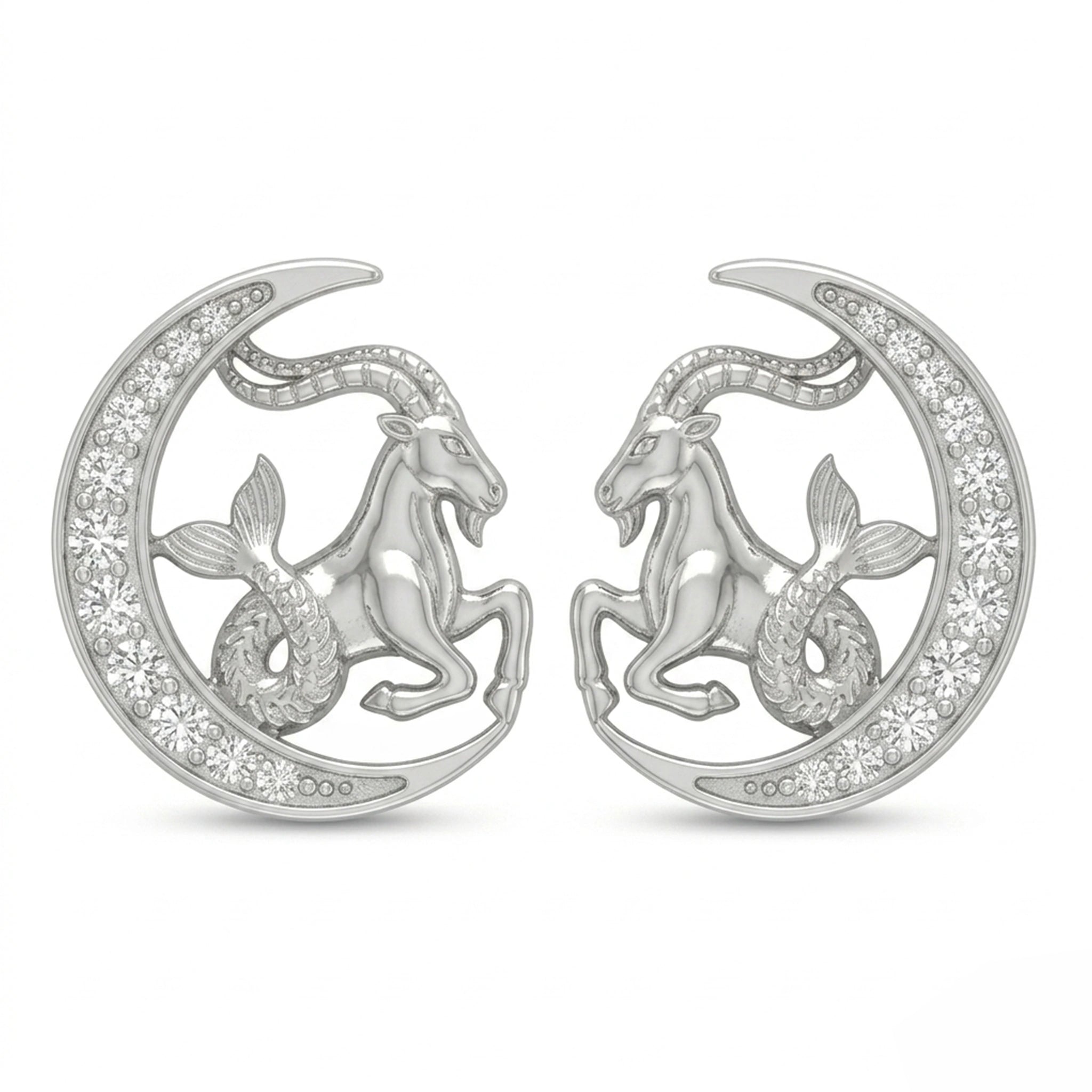 Celestial Crescent Moon and Capricorn Zodiac Diamond Finish Moissanite Stud Earrings in 925 Silver