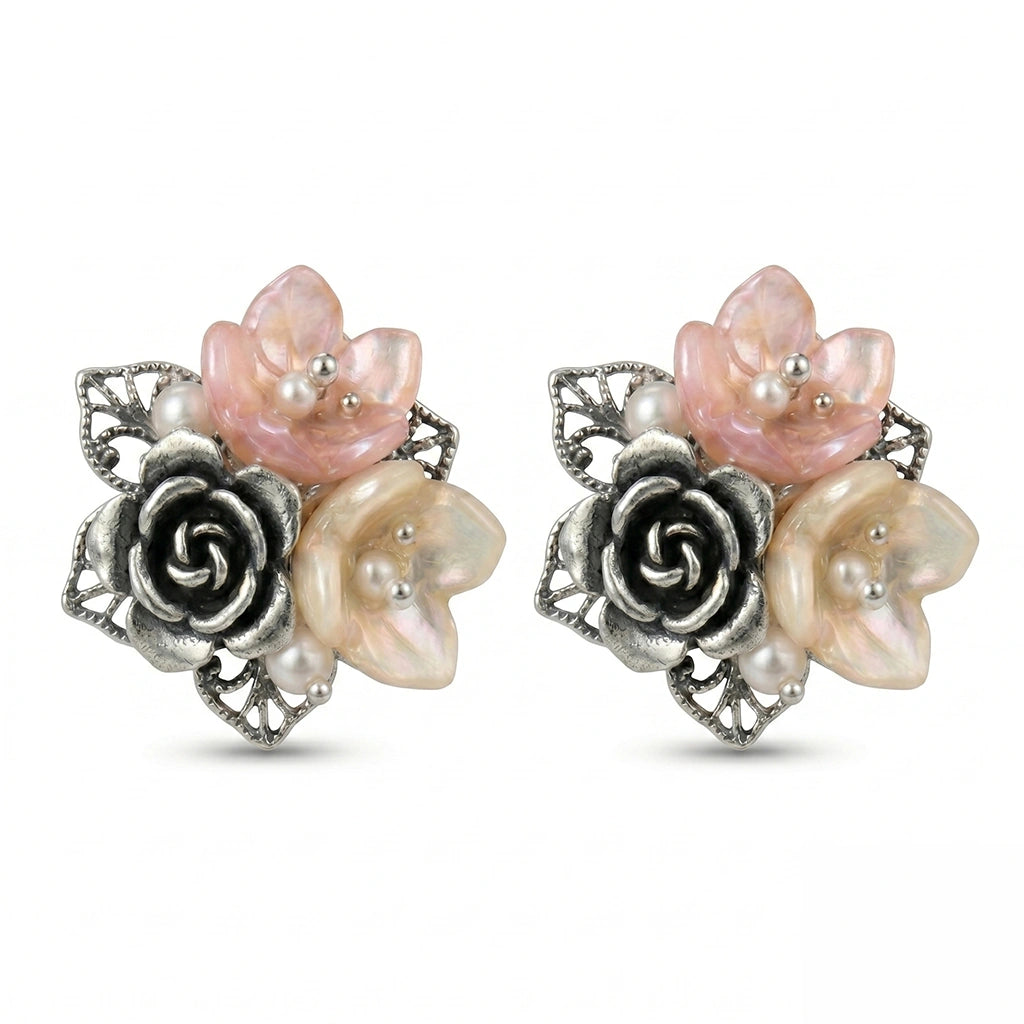 Vintage-Inspired Sculpted Floral and Cultured Pearl Cluster Stud Earrings in 925 Silver