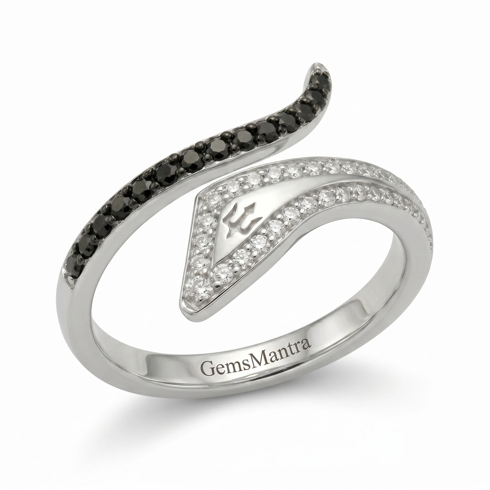 Trident and Serpent Motif Crystal White Diamond Finish Moissanite Bypass Ring in 925 Silver
