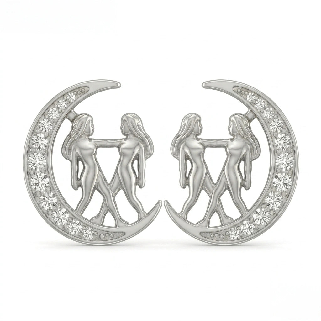 Celestial Crescent Moon and Gemini Zodiac Diamond Finish Moissanite Stud Earrings in 925 Silver