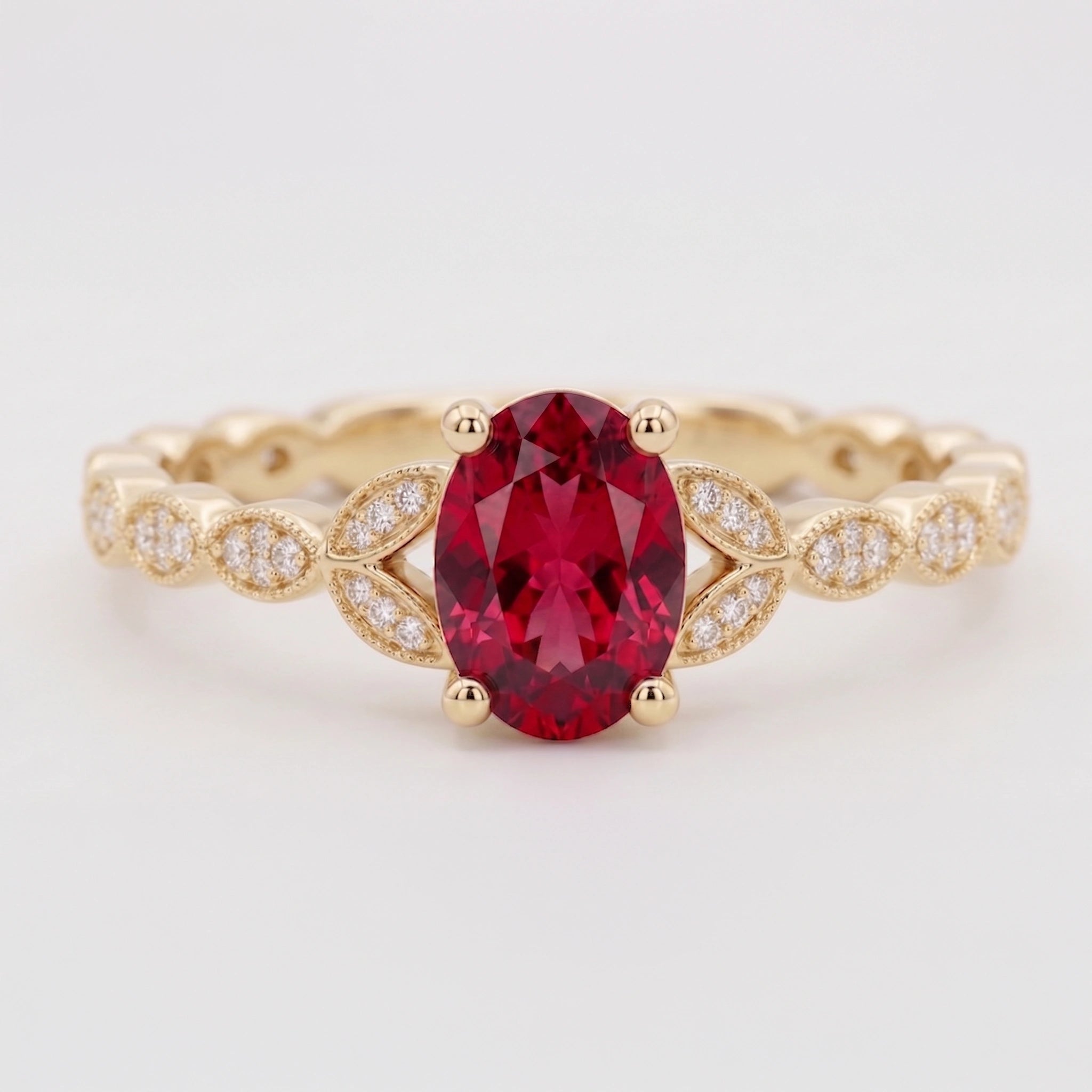 Oval Crimson Ruby Botanical Marquise Leaf Accent Ring