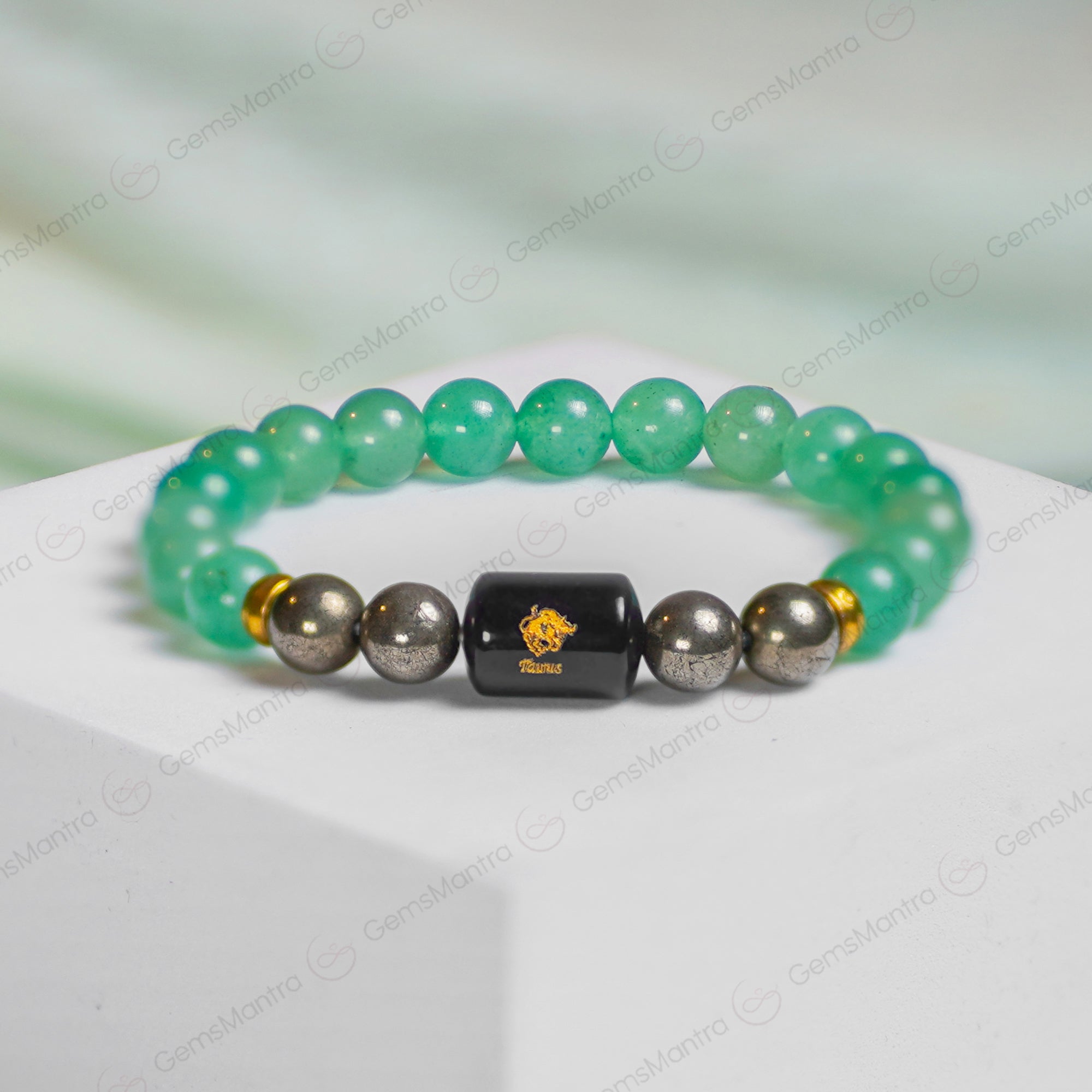 Taurus Zodiac Vrishabh Rashi Bracelet with Green Aventurine and Pyrite