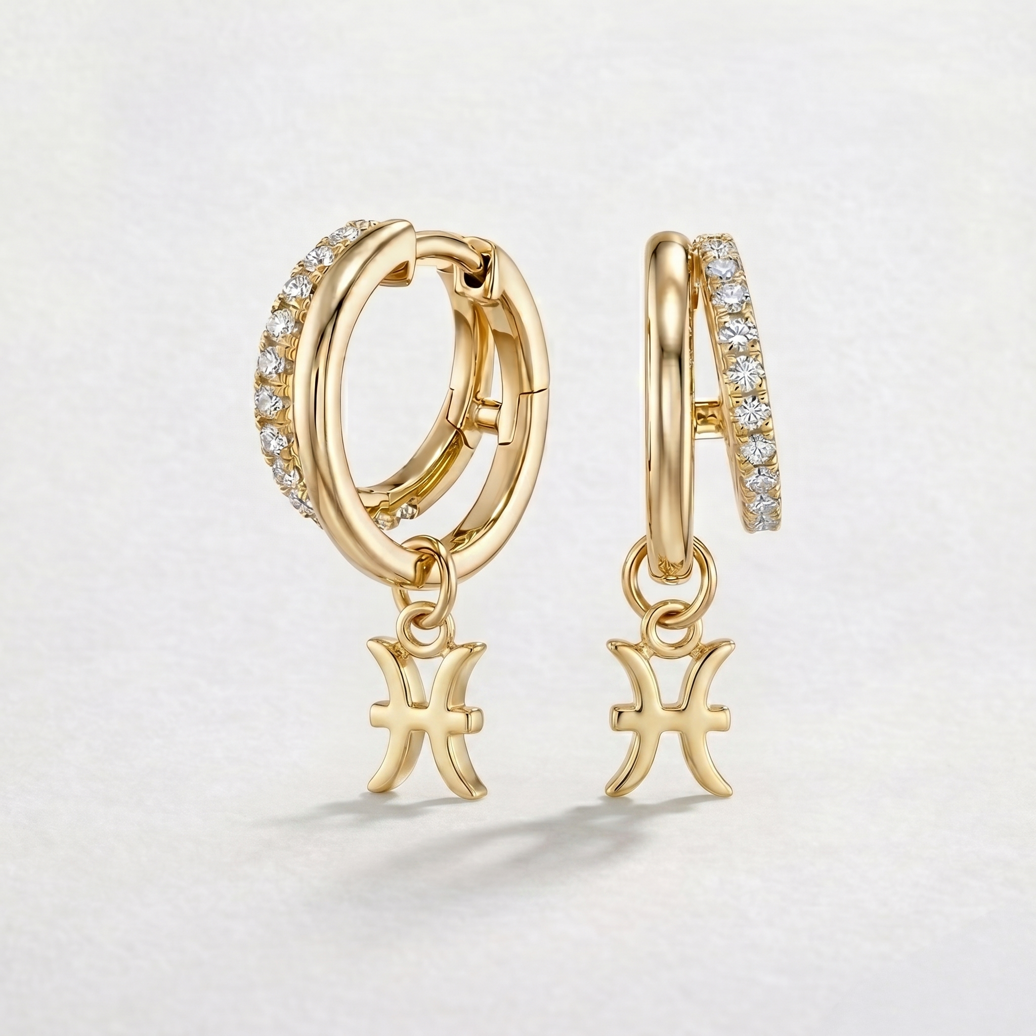 Diamond Finish Moissanite Pavé Hoop Earrings with Pisces Zodiac Drop (Gold-Plated)