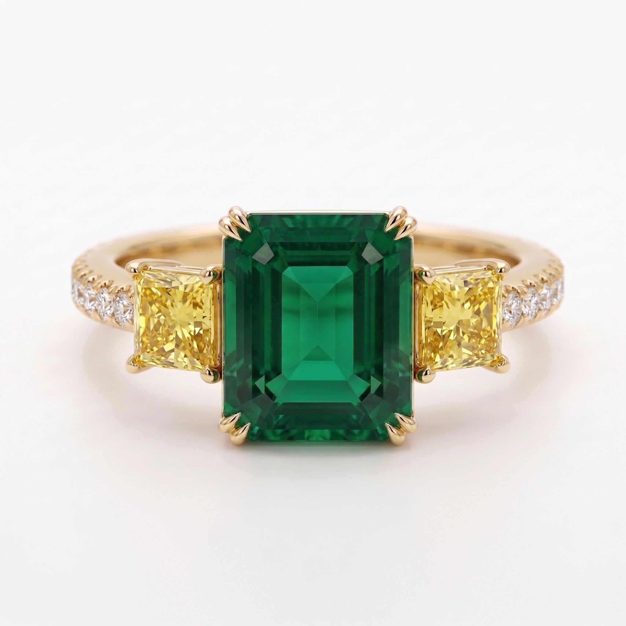 Asscher Cut Emerald Canary Diamond Three Stone Pavé Ring