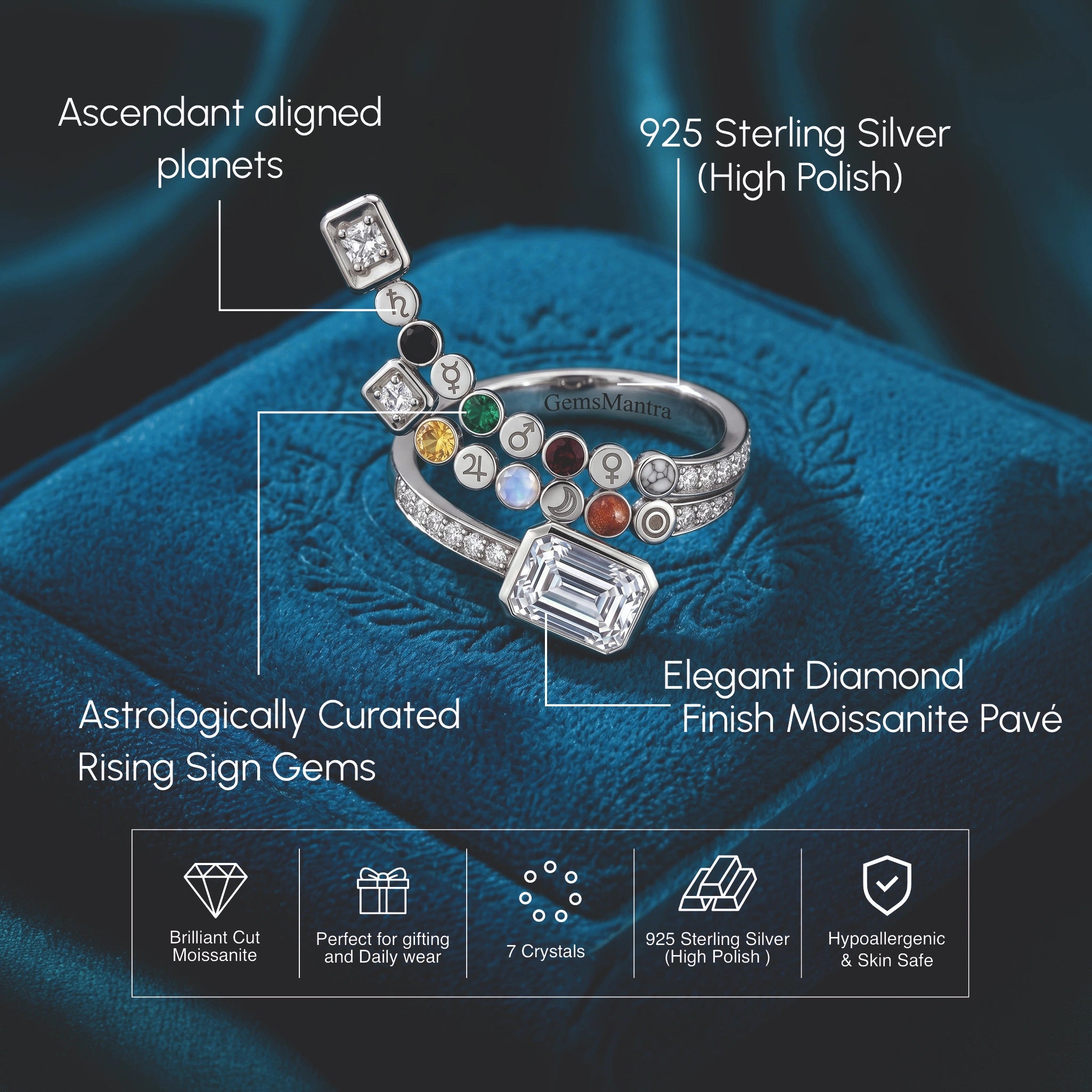 Planet Charm Crystal Silver Ring