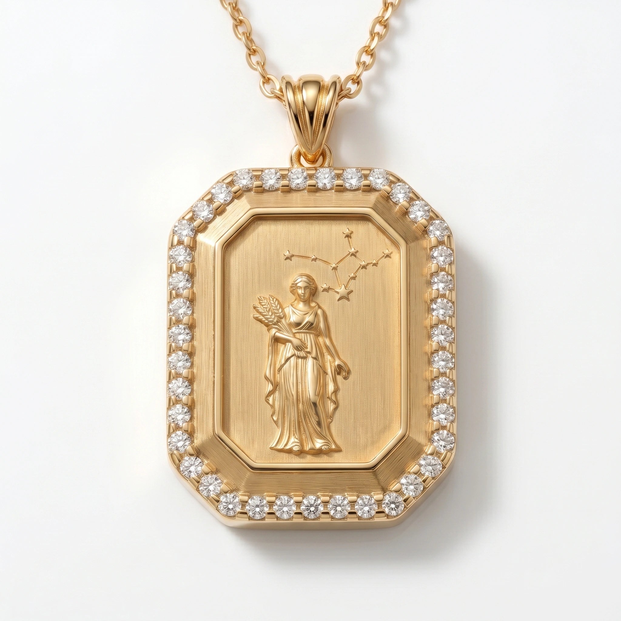 Vintage-Style Virgo Zodiac Constellation Diamond Finish Moissanite Halo Pendant in Gold-Plated