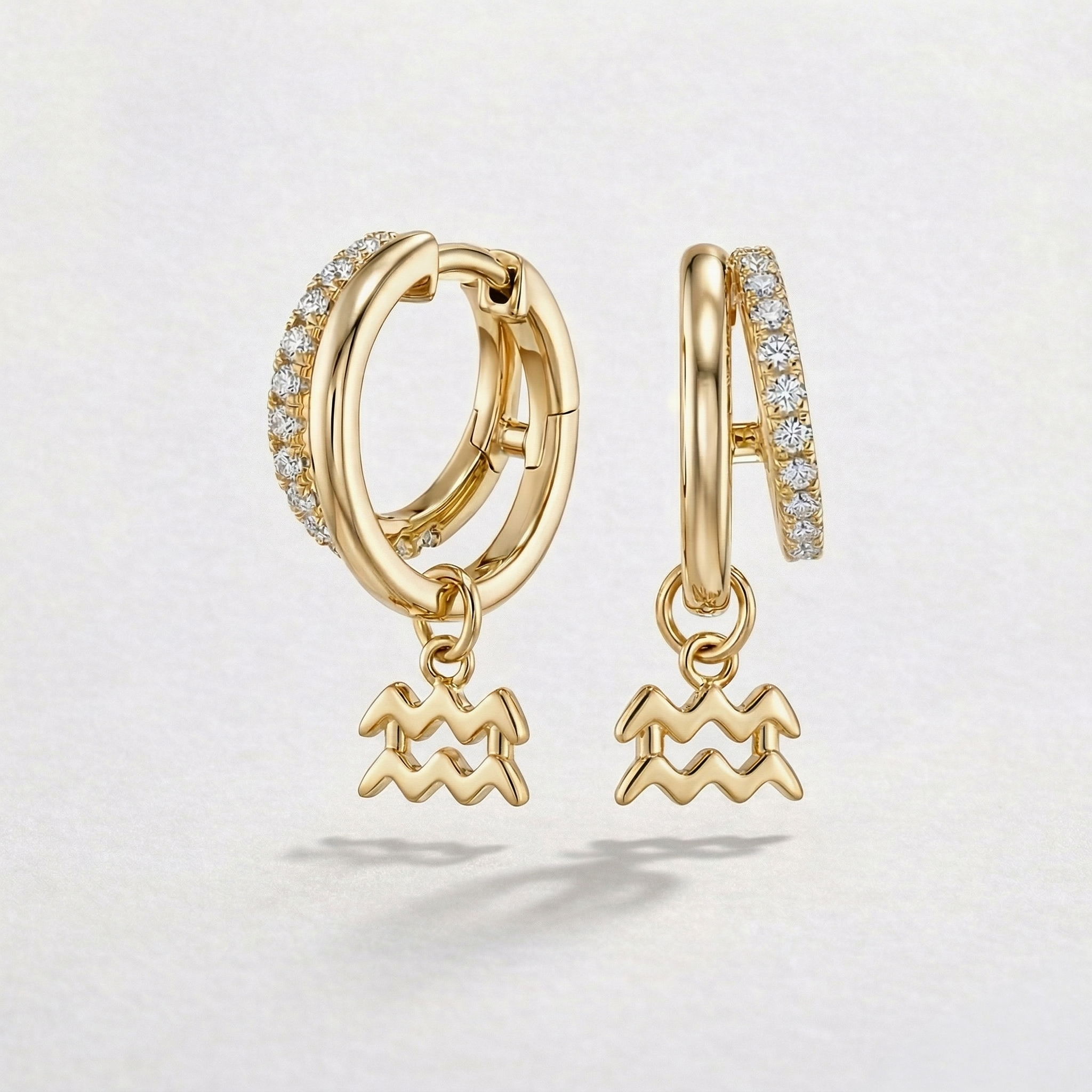 Diamond Finish Moissanite Pavé Hoop Earrings with Aquarius Zodiac Drop (Gold-Plated)