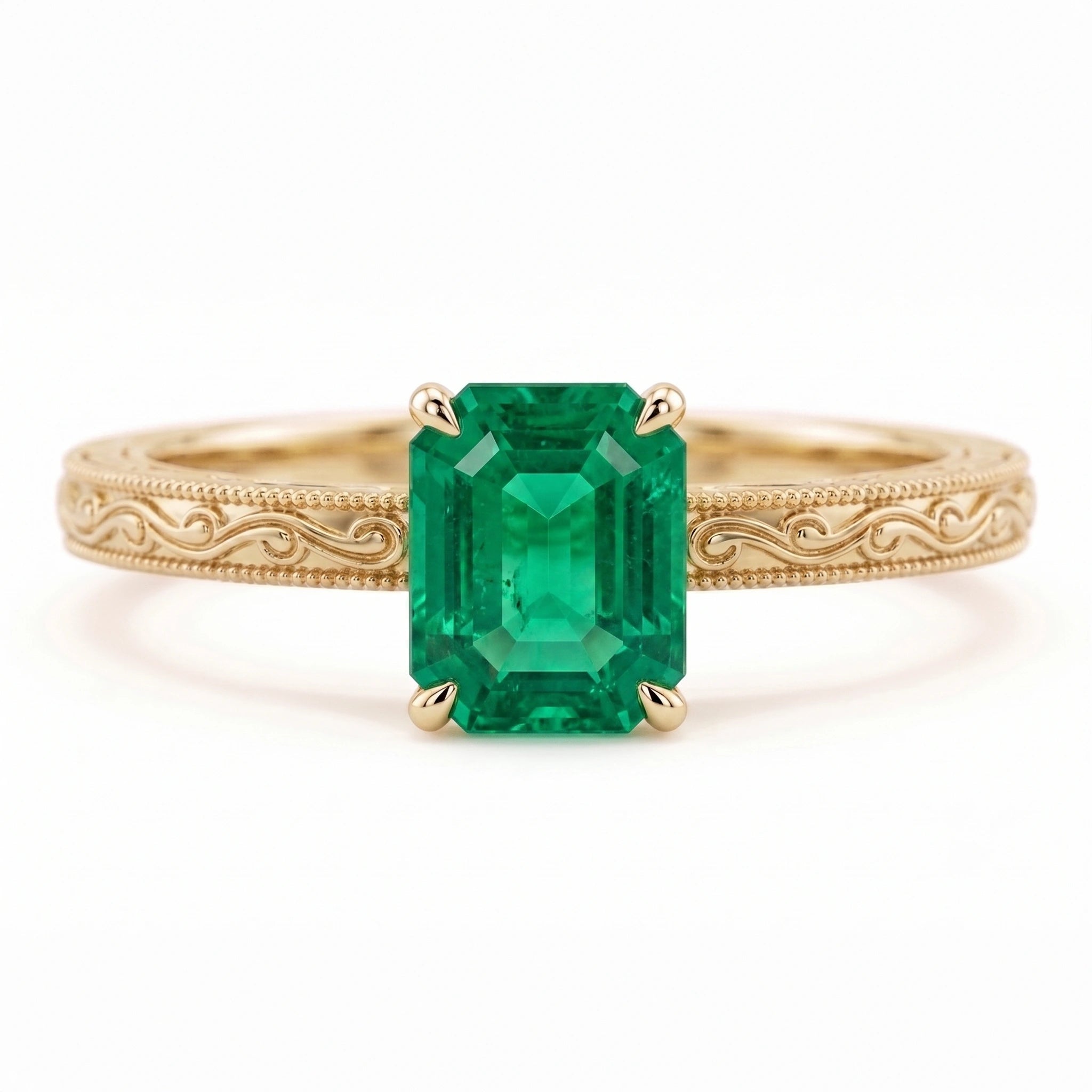 Emerald Cut Zambian Emerald Vintage Scroll Solitaire Ring