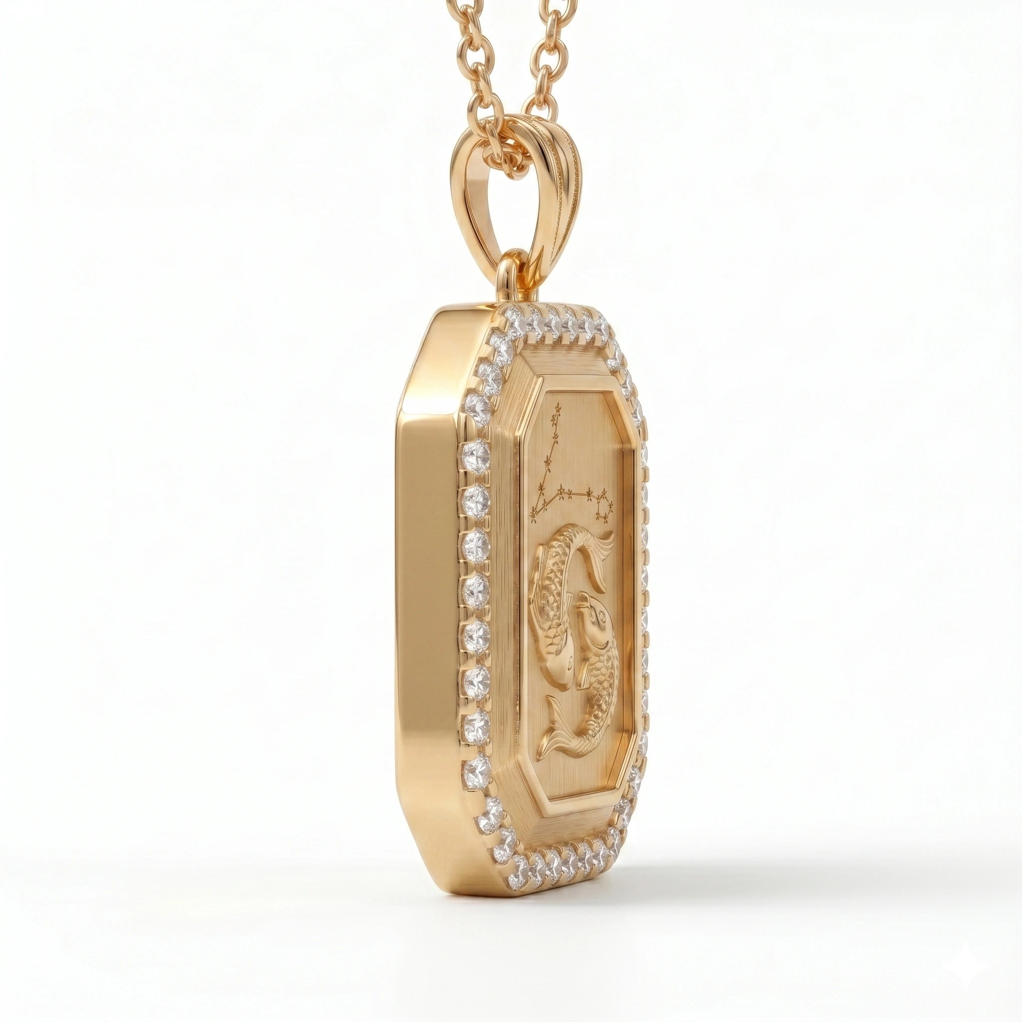 Vintage-Style Pisces Zodiac Constellation Diamond Finish Moissanite Halo Pendant in Gold-Plated