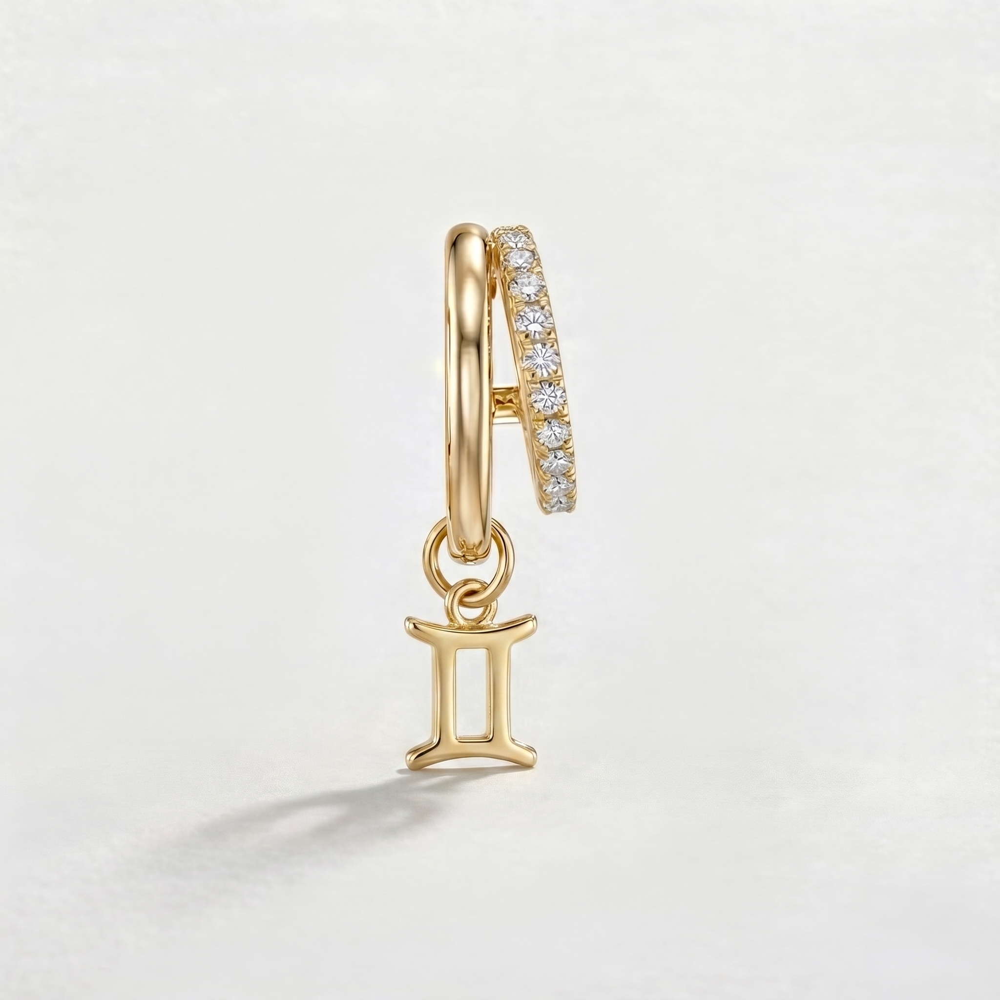 Diamond Finish Moissanite Pavé Hoop Earrings with Gemini Zodiac Drop (Gold-Plated)